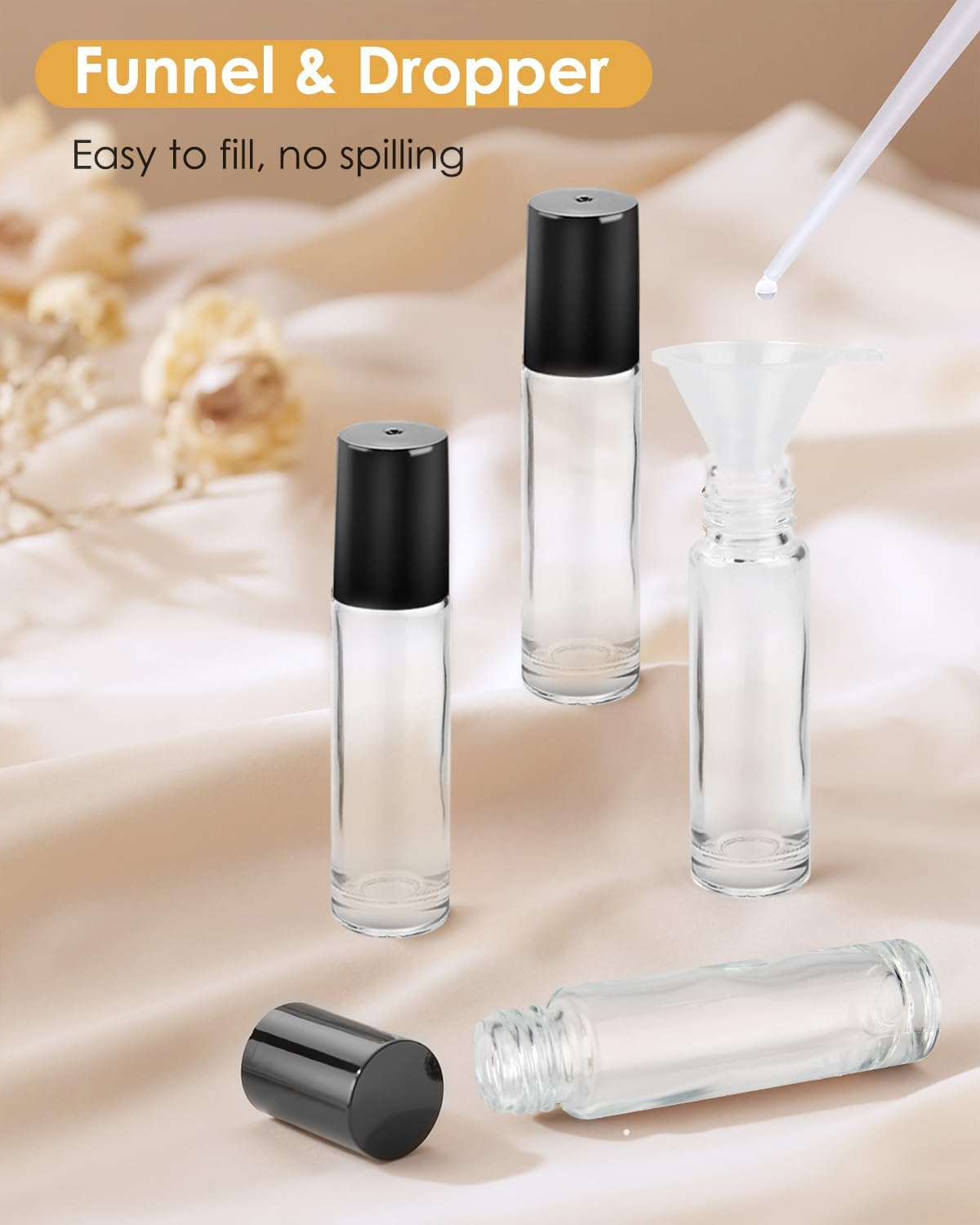 Worldgsb 4 Pack Essential Oil Roller Bottles, 10Ml Refillable Clear Glass Roller Bottles with Stainless Steel Roller Balls and Caps for Travel, Perfume and Lip Gloss image number 3
