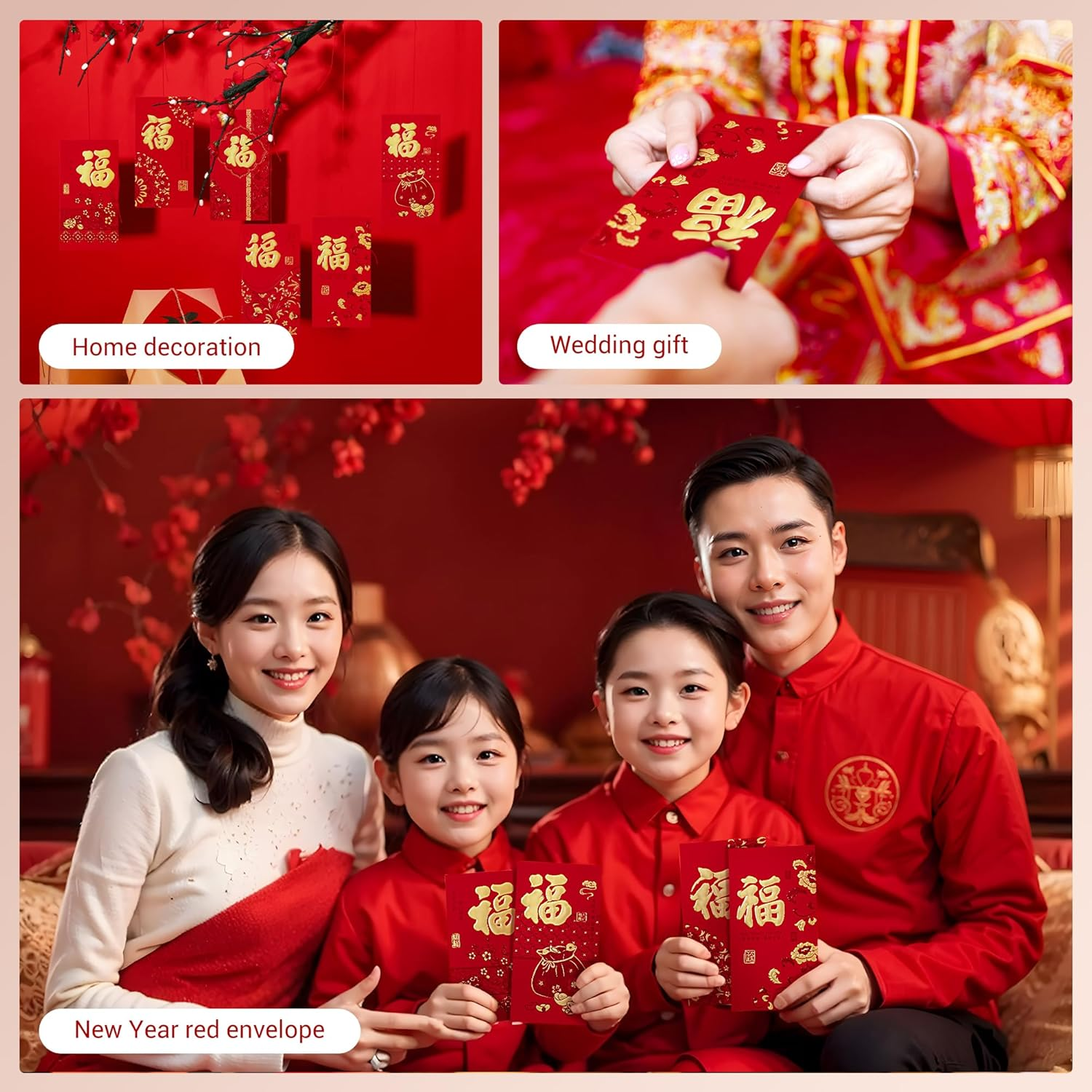 Thxtoms 36Pcs Red Envelopes Chinese New Year,Red Chinese Envelopes for Money 2026 Horse Lunar New Year,6 Designs, Gold Foil Fu, L image number 2