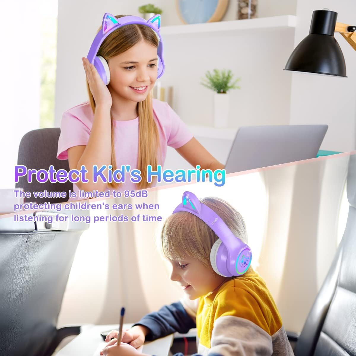 LOBKIN Bluetooth 5.4 Kids Headphones with Case - RGB LED Light up Cat Ears Foldable Adjustable On-Ear Headset Support Wireless or 3.5Mm Wired Mode for Toddler & Girls & Boys Teens (Purple) - Pink image number 5