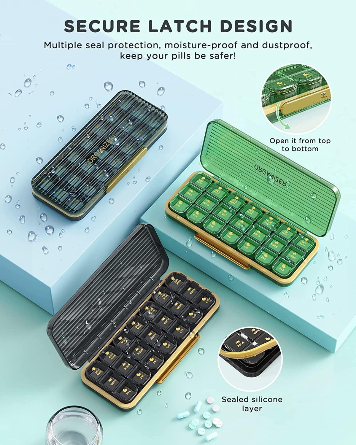 Weekly Pill Organizer, 3-Times-A-Day Pill Container 7 Day Vitamin Pill Box Portable Travel Medicine Box with 7 Daily Container, Medicine Dispenser Case for Vitamins, Fish Oils, Supplements