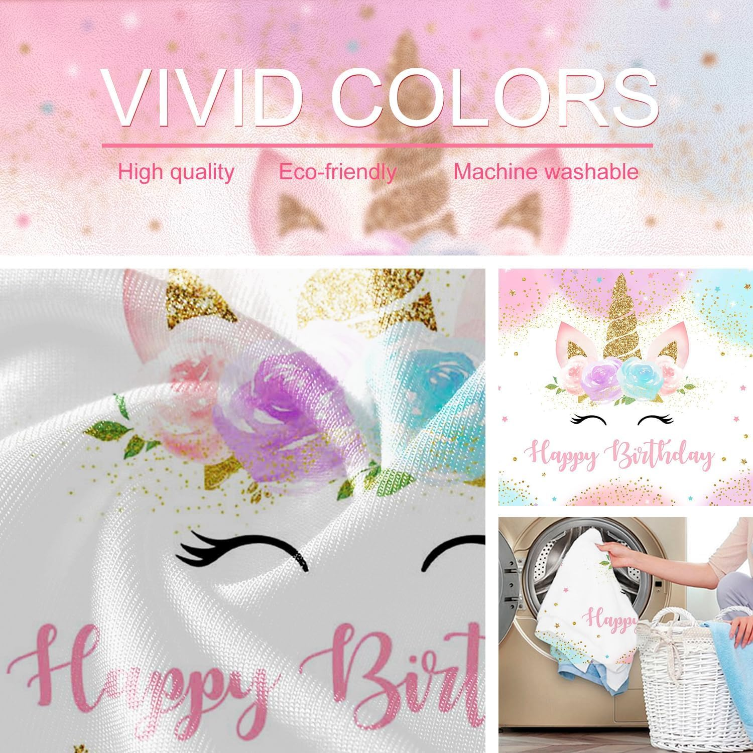 Happy Birthday Backdrop Banner Unicorn Birthday Party Backdrop, Pastel Rainbow Design with Glitter Stars, Birthday Party Photo Photography Prop Booth Background for Girls (210 * 150CM) image number 4