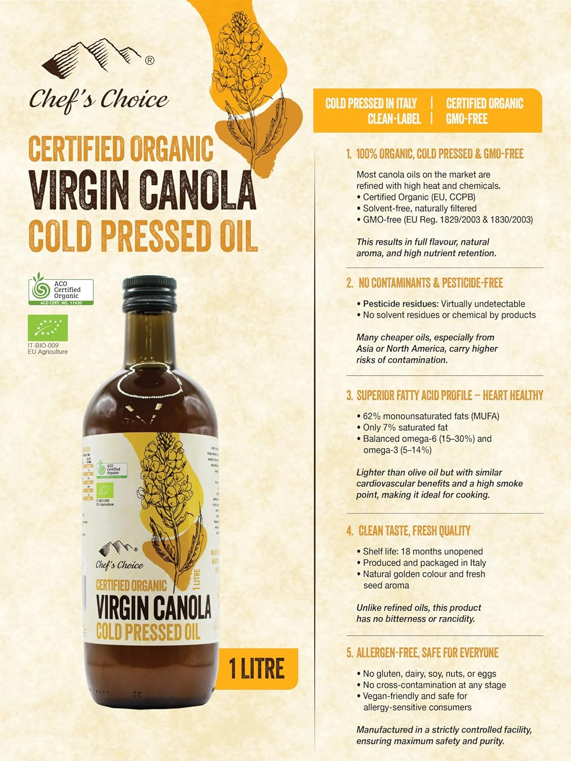 Chef'S Choice Organic Solvent Free Cold Pressed Extra Virgin Canola Oil 1L