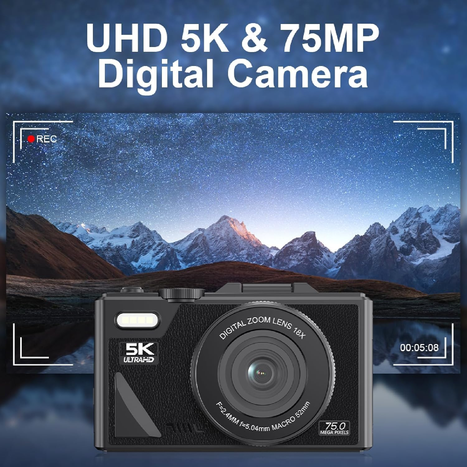 5K 75MP Digital Camera, with 18X Optical Zoom Stabilization, 3 Inch Flip Screen, Retro Digital Camera, Compact Camera, for Travel Photography Vlogging Family image number 4