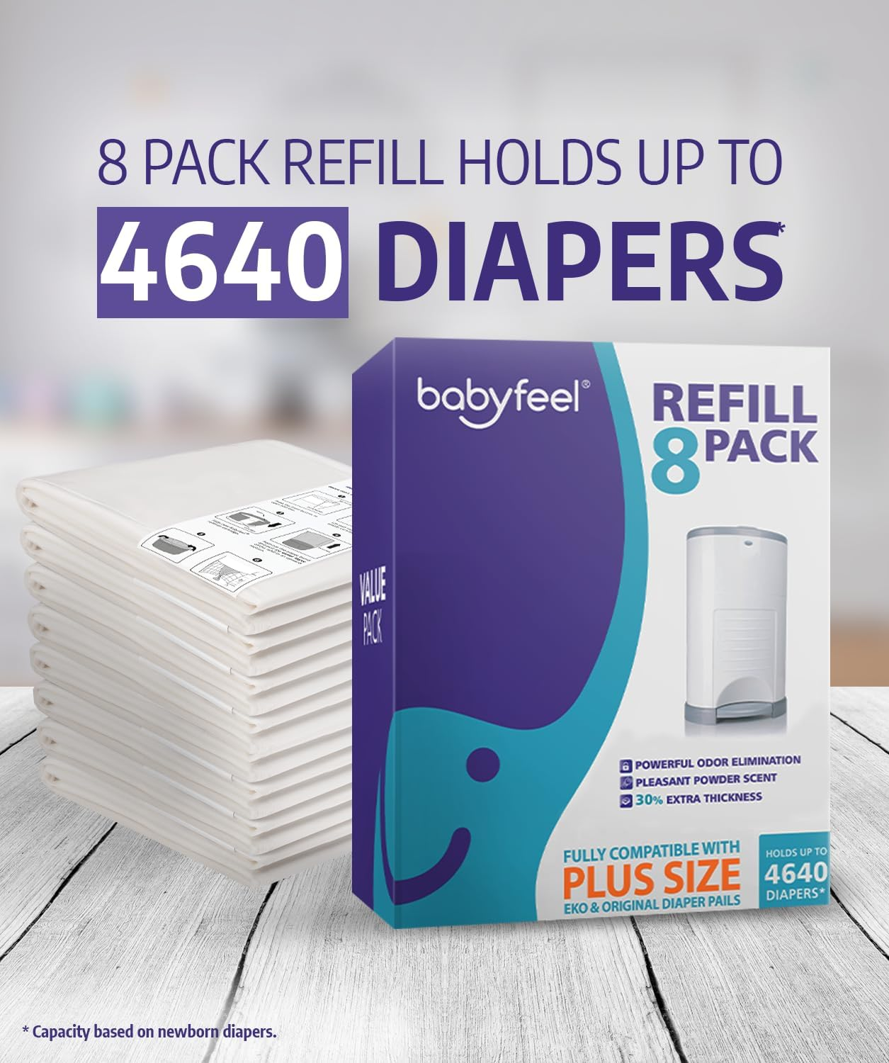 Babyfeel Refills for DEKOR plus Diaper Pails, 8 Pack, Exclusive 30% Extra Thickness, Fresh Powder Scent, Holds up to 4640 Diapers image number 2