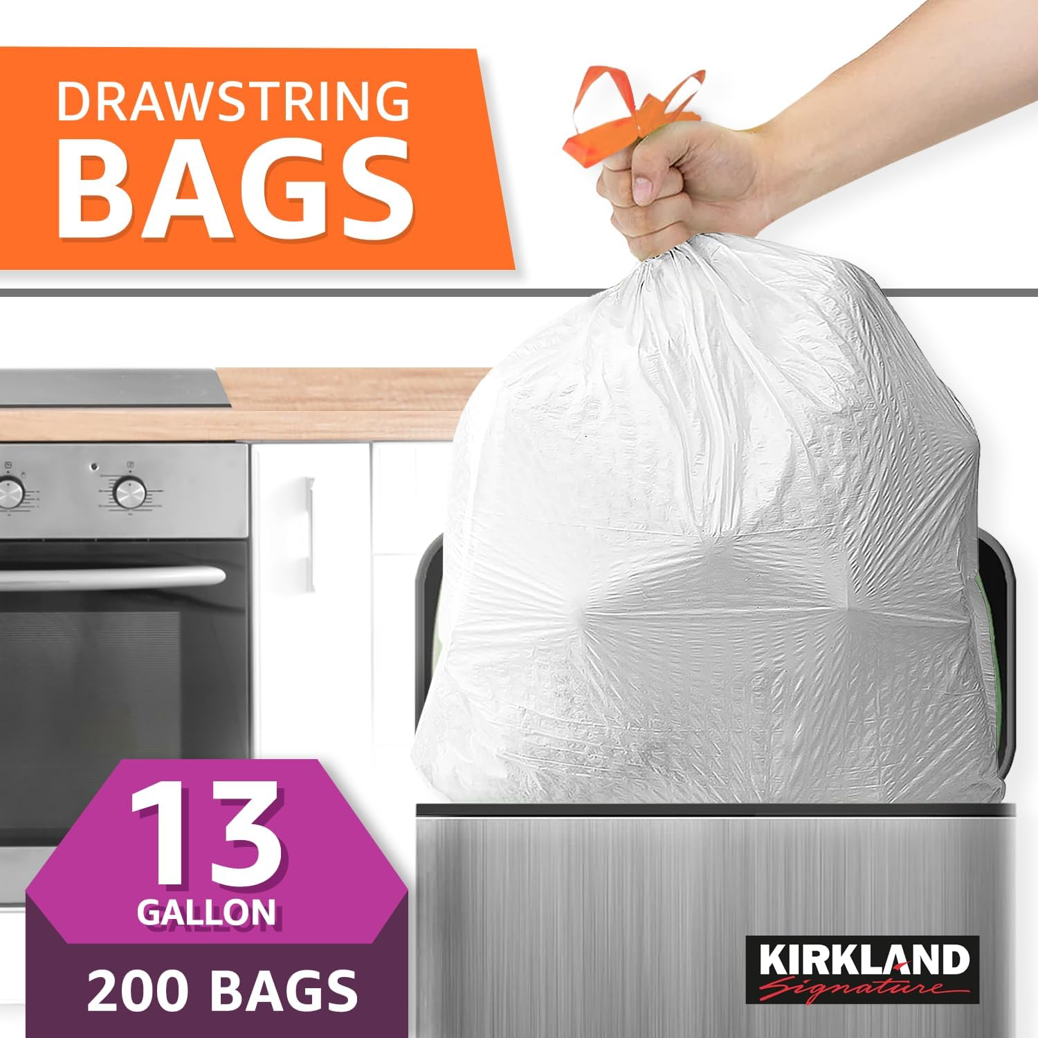 BD Kirkland Signature Drawstring White Kitchen Trash Bags, 13 Gallon, 200 Count