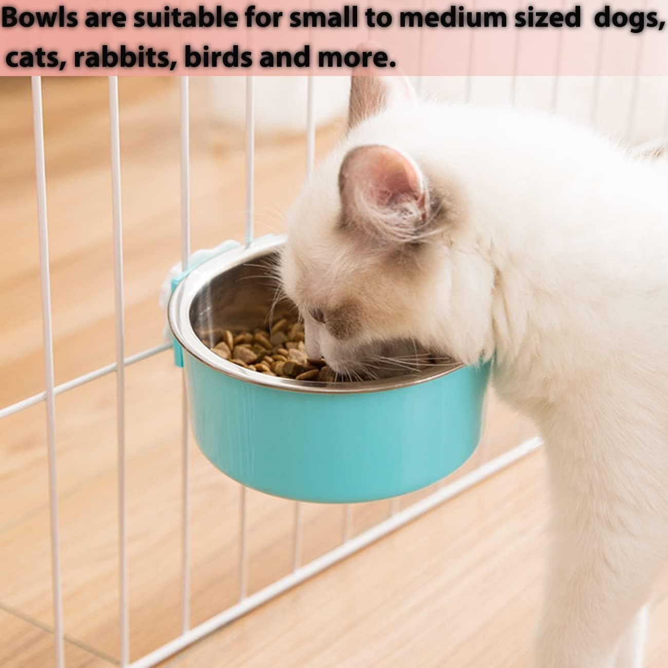 Pet Bowls for Cats and Dogs, Detachable and Hanging -2-Piece Set of Stainless Steel, Cat Cage, Food Bowl, and Dog House Water Dispenser, Suitable for Puppies, Birds, and Kittens (Pink+Blue) image number 4