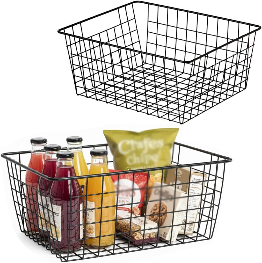 ZRAZ Kitchen Wire Baskets Farmhouse Decor Metal Wire Food Storage Organizer, Household Refrigerator Bin with Built-In Handles for Cabinets, Pantry, Bathroom, Laundry Room, Garage,Set of 4 (White)