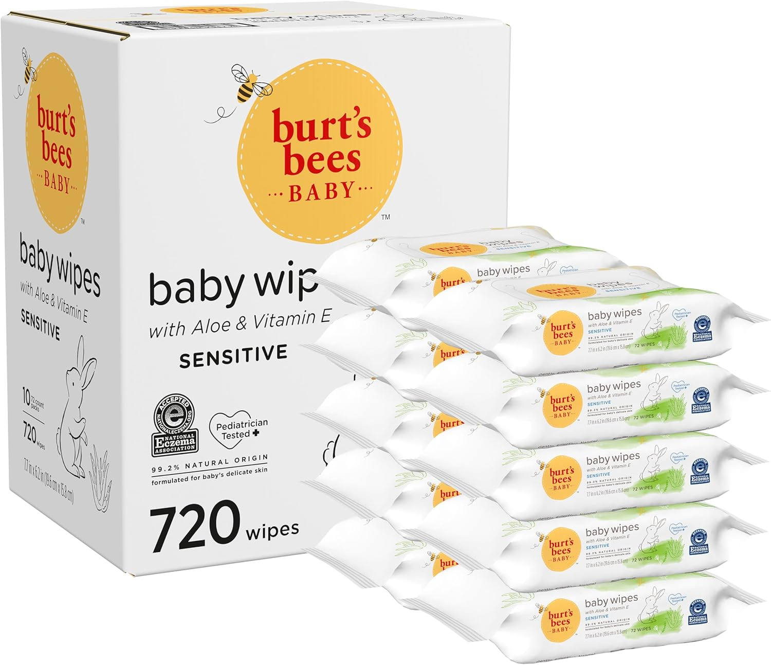 Burt&rsquo;S Bees Baby Wipes, Unscented Natural Baby Wipes for Sensitive Skin with Aloe and Vitamin E - 72 Wipes &ndash; 10 Pack