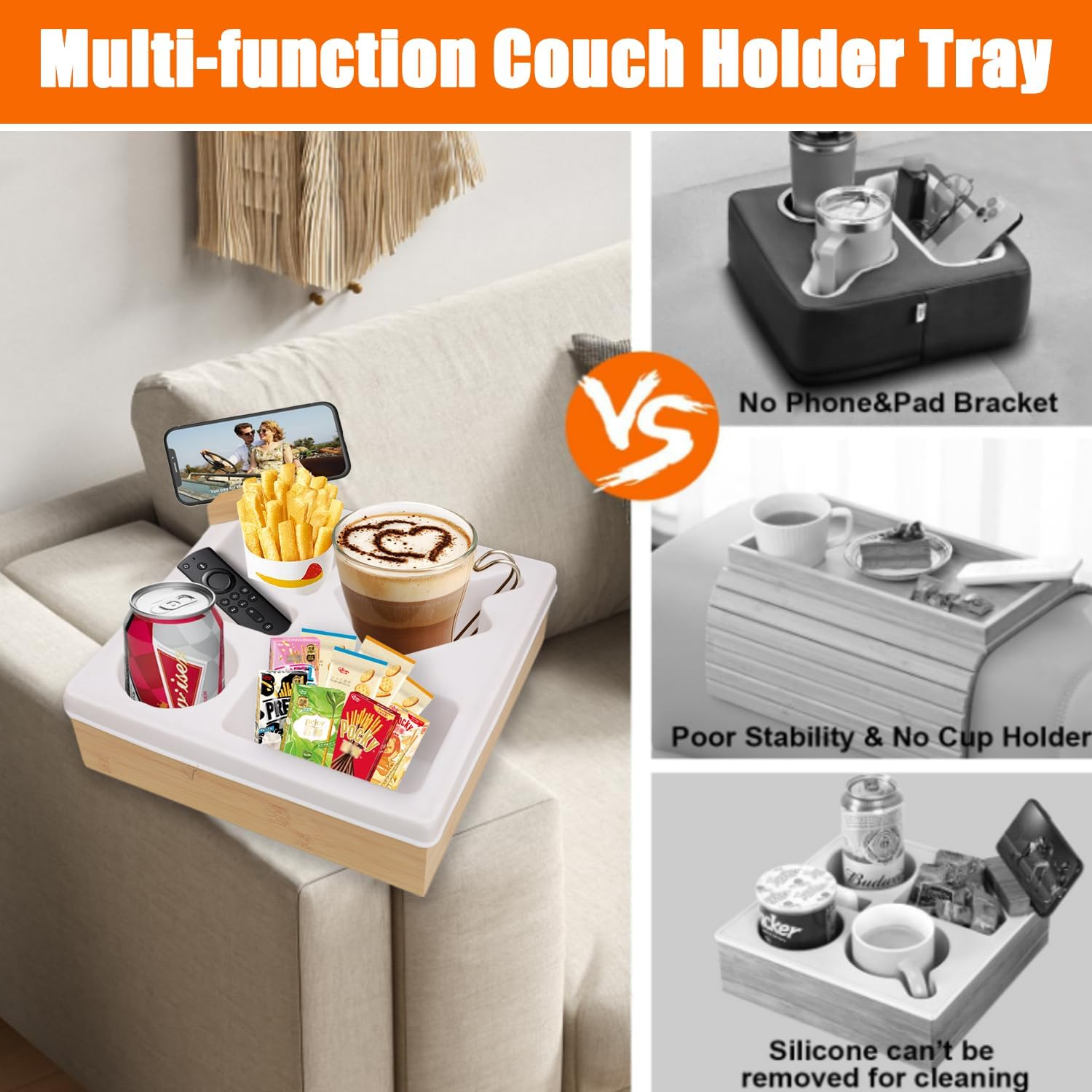 Uandhome Couch Cup Holder Tray,Handy Silicone Bamboo Couch Caddy with Rotatable Phone Holder for Bed Car Seat Organizer, Waterproof Anti-Spill Sofa Cup Holder for Snacks Beverage Remote(White) image number 3