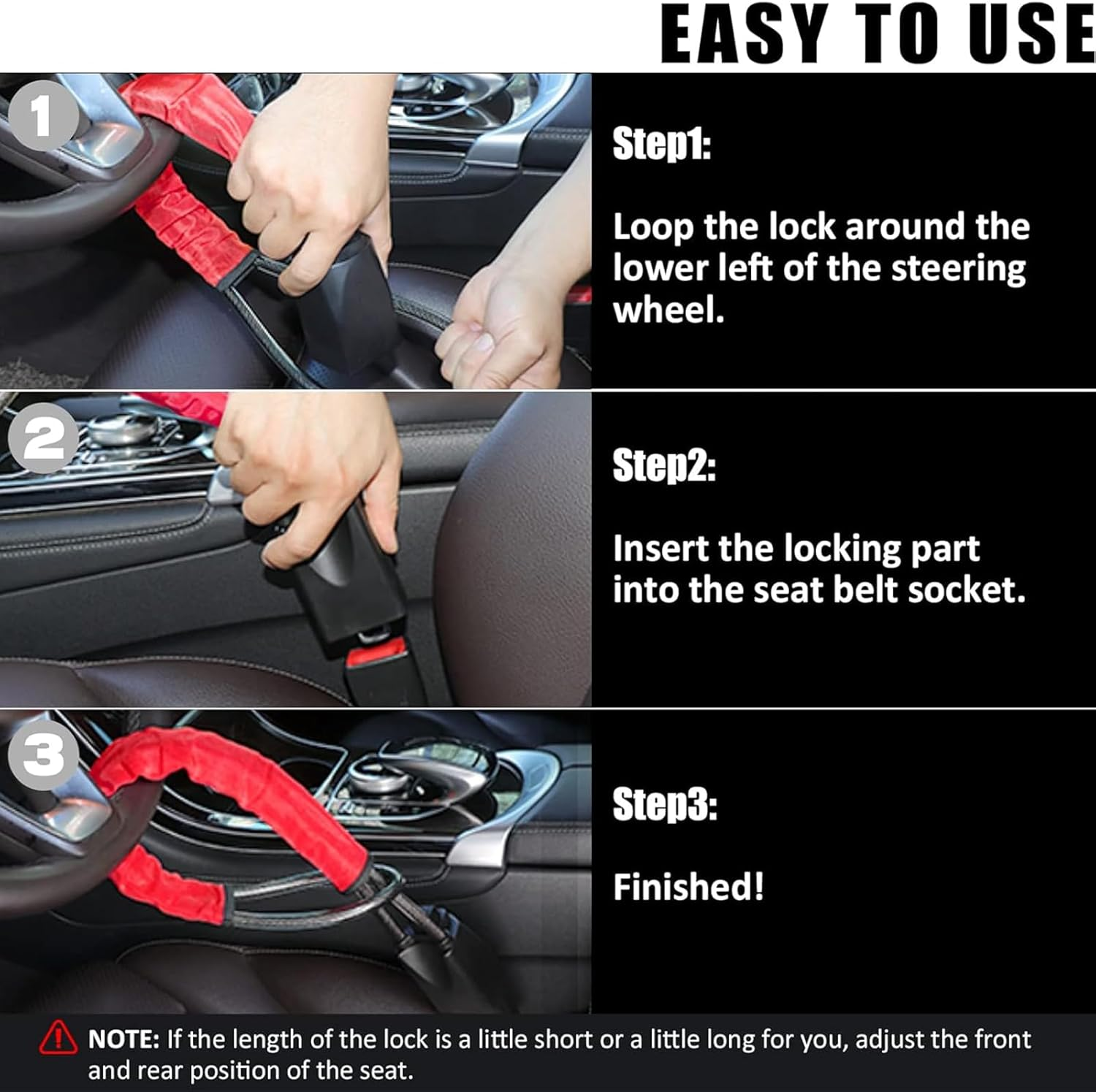 Car Steering Wheel Lock, Universal Anti-Theft Device with 3 Keys, Seat Belt Lock, Heavy-Duty Car Security, Fits Most Vehicles, Suvs, and Golf Carts (Red) image number 3