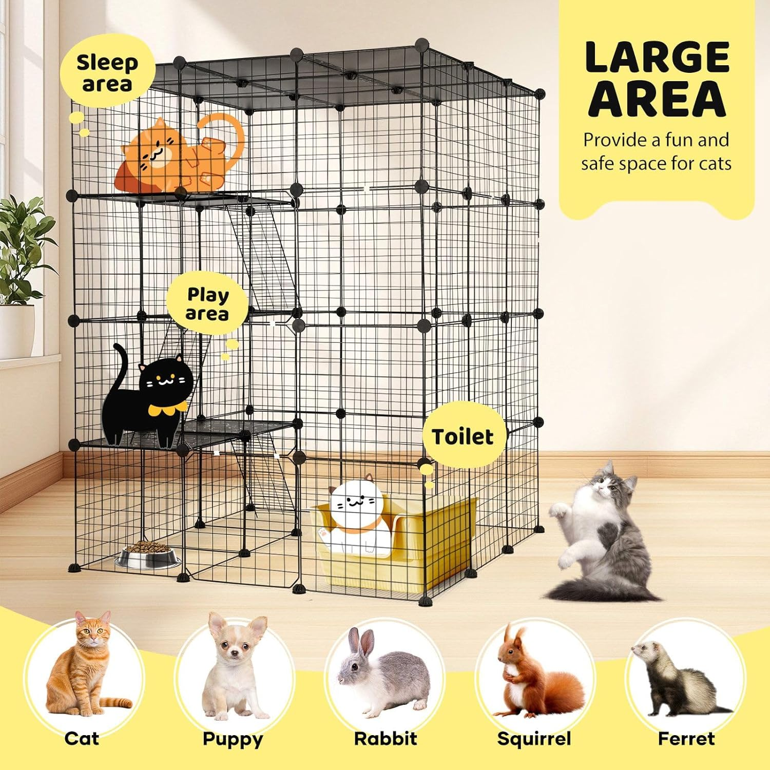 Pet Scene Cat Enclosure Cage 142Cm DIY Pet House 4 Tier Indoor Rabbit Hutch Bunny Ferret Crate Kitten Fence Kennel Playpen 3 Platforms 3 Ramps Detachable Metal image number 3