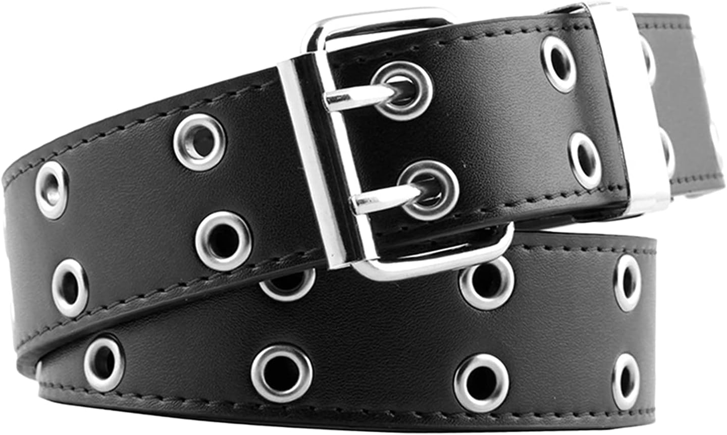 Kowaku Double Grommet Belt for Women Men Leather Punk Rock Adjustable Belts Double Prong Buckle Eyelet Hollow Waist Belt