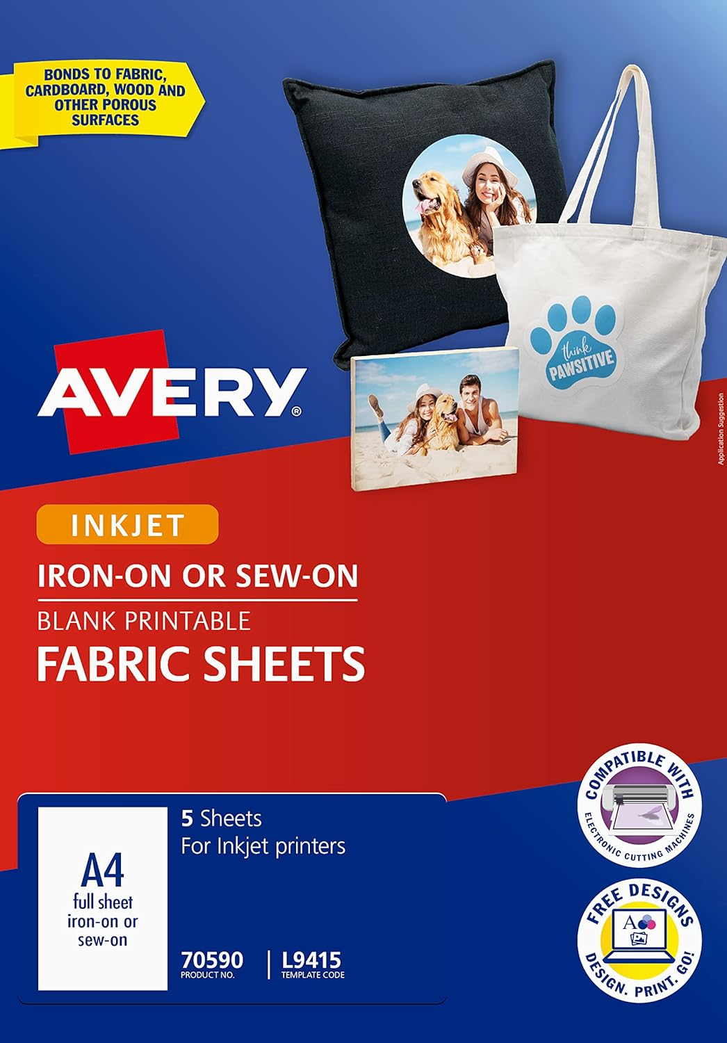 Avery Iron or Sew-On A4 Printable Fabric Sheets, for Inkjet Printers, Blank, 5 Sheets (70590)