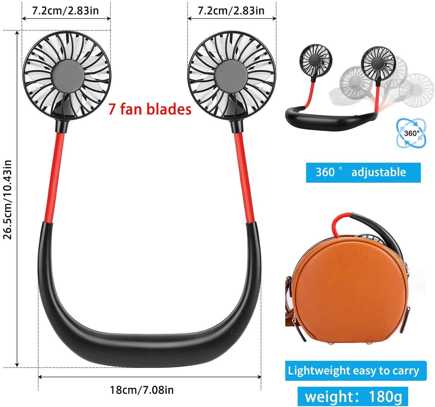 RJVW Portable Neck Fan, Hand Free Personal Hanging Neck Sports Fan USB Rechargeable (3 Speed Adjustable) Wearable Cooling Head Fan,360 Degree Free Rotation for Traveling, Sports, Office, Reading image number 2