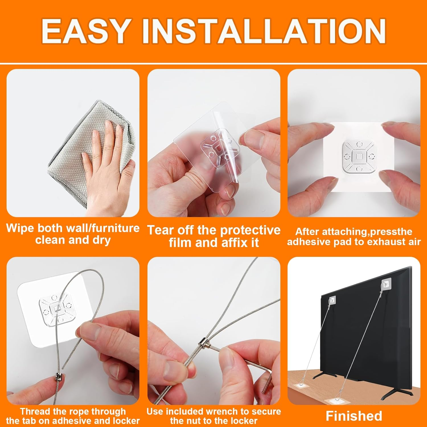 Adjustable 42" TV Safety Straps (2 Pack+4 Spare Adhesive Pad),No-Drill Adhesive Anti-Tip Furniture Anchors Kit for Baby Proofing,Secure Flat Screens Fix to Wall,Cabinet,Dresser,Stand or Desk image number 1