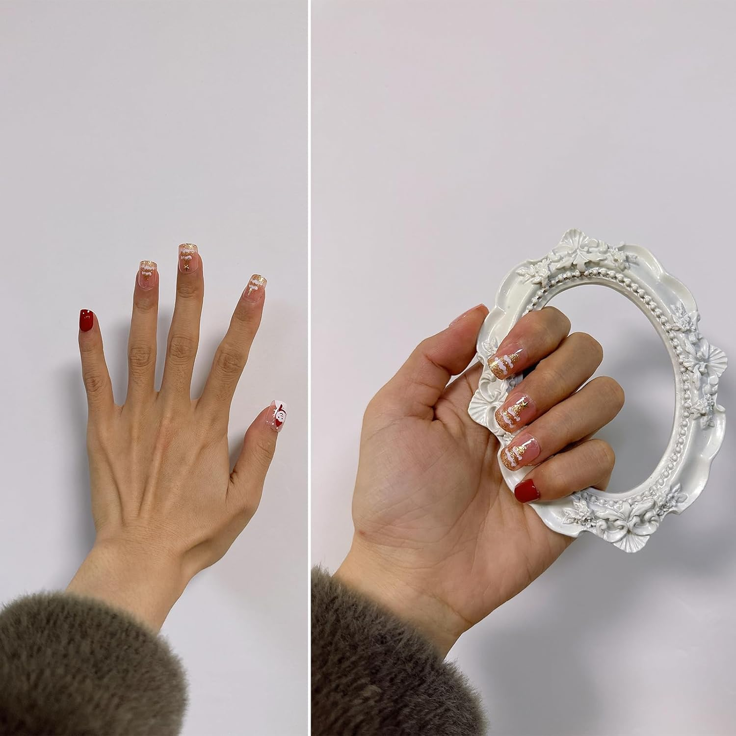 24PCS Christmas Press on Nails Xmas Short Fake Nails Cute Fingernails with Snowman and Christmas Tree Pattern Design Glossy Acrylic Nails for Women or Girls image number 5