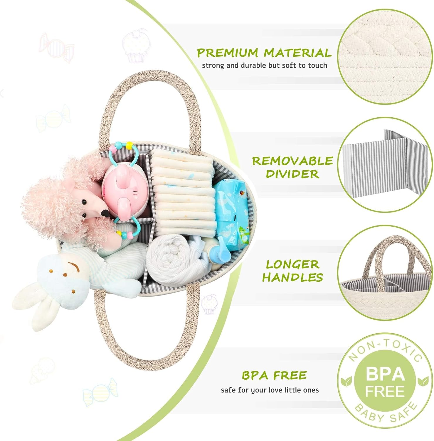 ATDORO Baby Diaper Caddy Organizer, X-Large Cotton Rope, Rustic Style, Portable, 3 Compartments Large Storage Basket image number 3