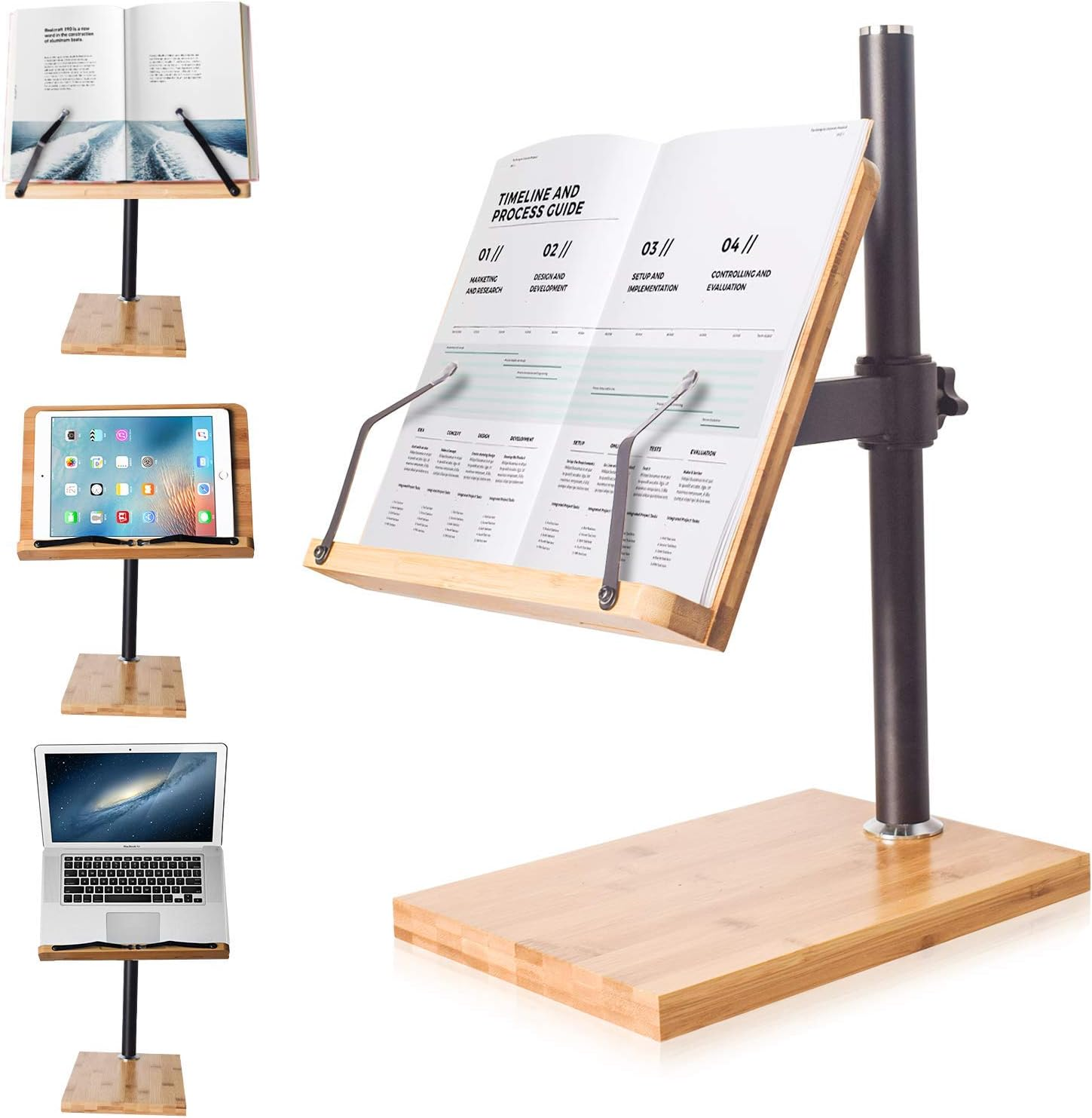 Wishacc Book Stand Height Adjustable - Upright Bamboo Book Stand & Holder for Reading Hands Free, Desktop Adjustable Reading Height and Angle Book Rest with Page Clips (11.0 X 8.1 Inches) image number 5