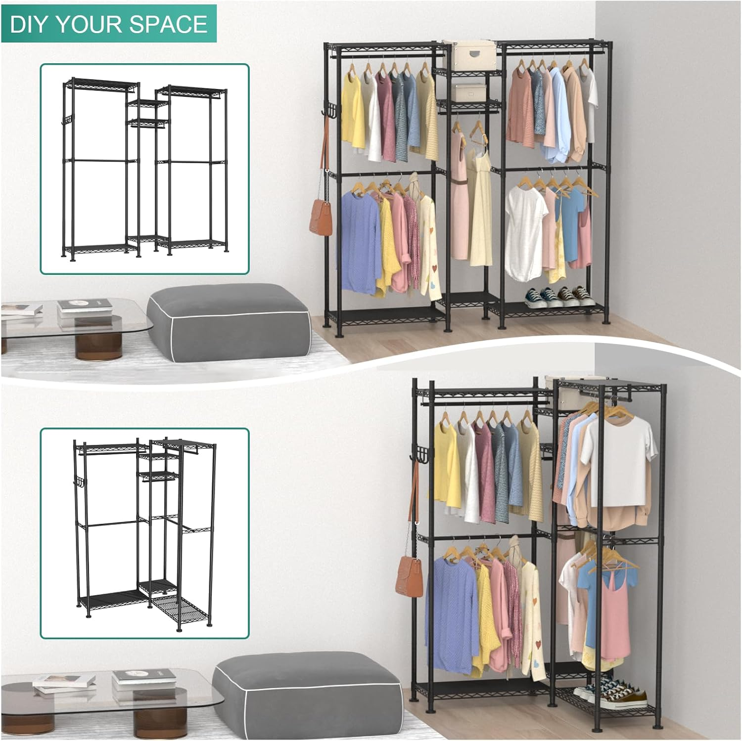 Heavy Duty Clothes Rack, L Shaped Garment Rack for Corner, Metal Freestanding Clothing Rack, Adjustable Wardrobe Closet with 5 Hang Rods & 7 Shelves, 69.7" L X 13.4" W X 76.8" H, Black image number 2