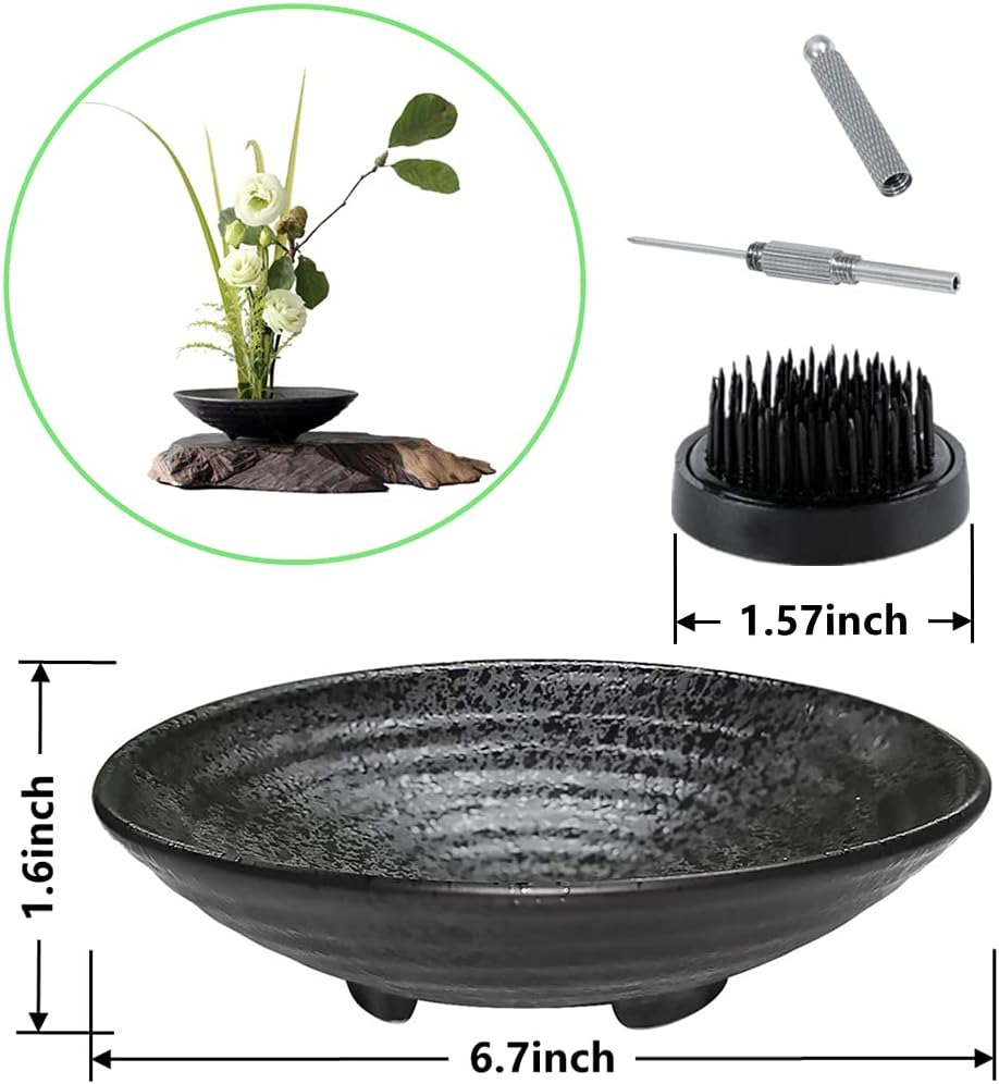Japanese Ikebana Kit Floral Frog Flower Container with Kenzan Needle Straightening Tool - 1.57Inch Black Flower Frog, 6.7Inch Bowl Vase image number 5