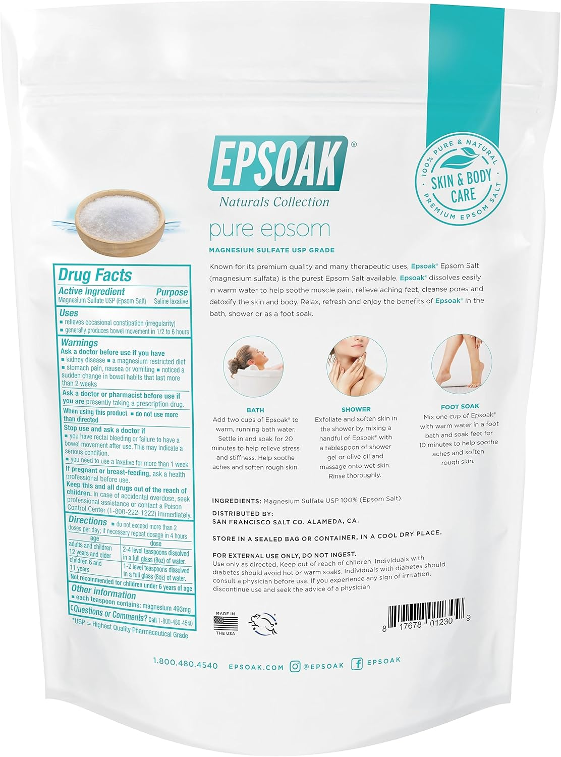 Epsoak Epsom Salt 2 Lb. Magnesium Sulfate USP. (Qty. 1 X 2Lb. Bags) Resealable Epsom Salt Bulk Bags Unscented, Made in the USA, Cruelty-Free Certified image number 4
