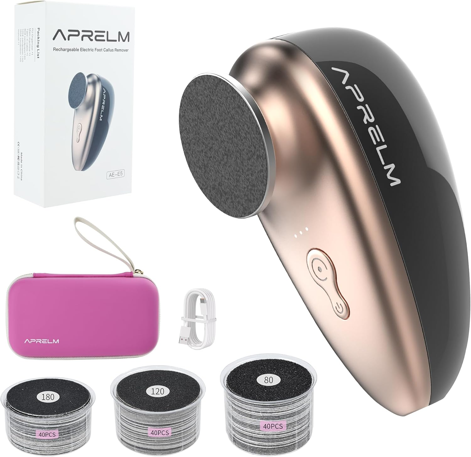 Aprelm Rechargeable Electric Foot Callus Remover with 3-Sizes 120Pcs Sandpaper Discs, Professional 1000RPM 3-Speed Control Electric Foot File (Pink)