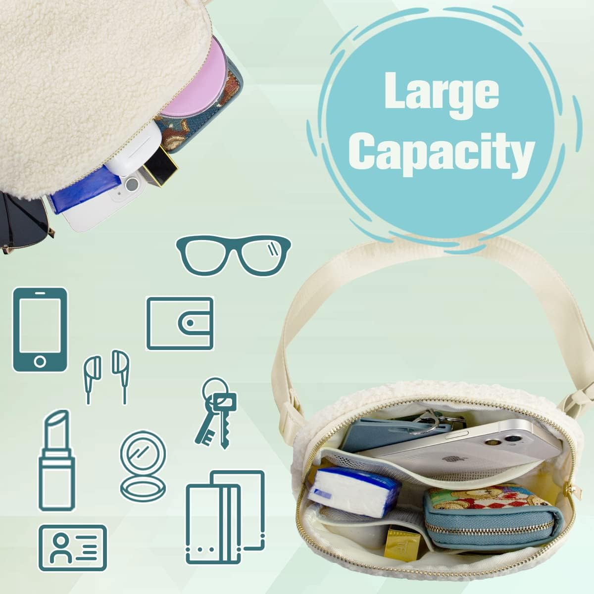 TDIFFUN Fanny Packs for Women Men, Fashion Waist Pack Small Belt Bag with Adjustable Strap for Running, Travel and Hiking, Fleece Cream, Small - All Black image number 3