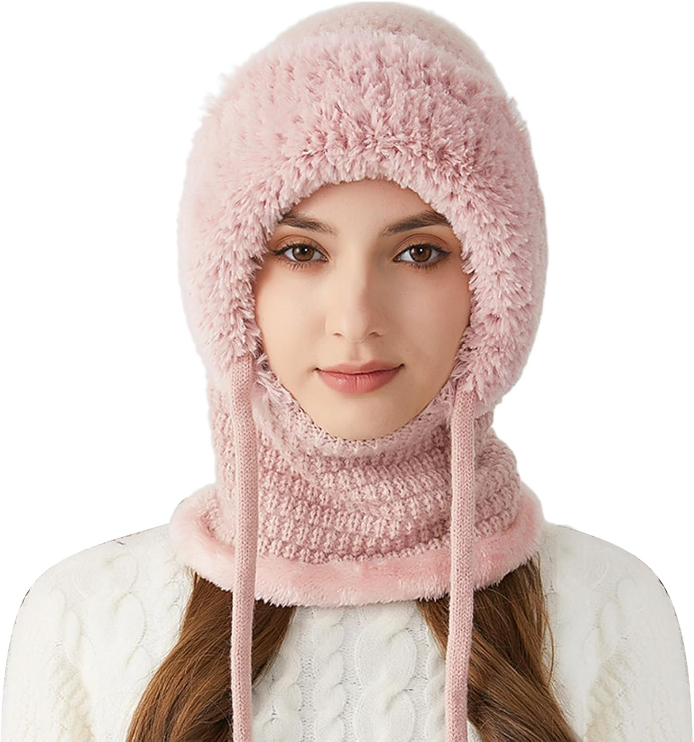3-In1 Beanie Hat for Women | Winter Womens Beanie Hats | Windproof Knitted 3 In1 Storm Hood with Scarf and Face Maskes | Winter Snow Caps Plush Earmuffs Hats for Outdoor, Skiing & Hiking - Cream Colored image number 7