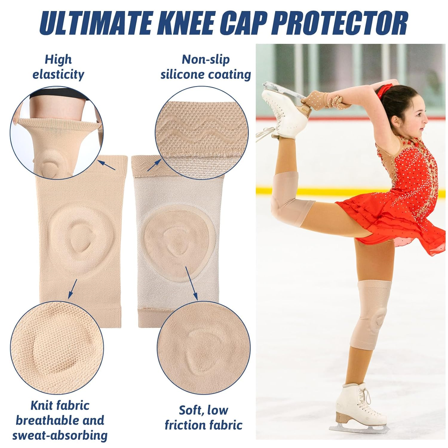 Shappy 2 Pair Figure Ice Skating Knee Pads Gel Dance Knee Pads Cushion and Support Breathable Material for Dancing Skating Women Girl Men(Large,Beige and Black) image number 3