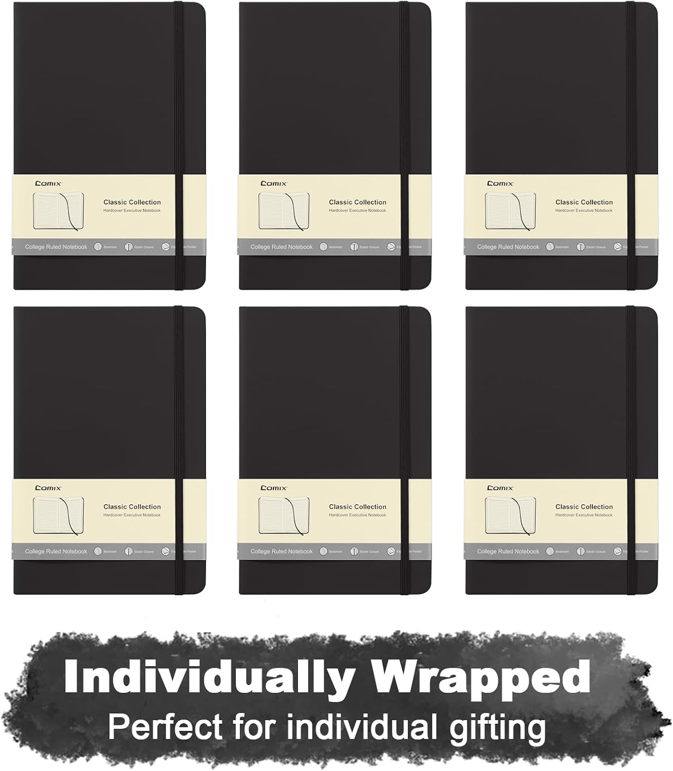 Comix 6 Pack Lined Journal Notebooks for Work, 240 Pages, 5.5"X8.3", Black, Hardcover, A5 Medium College Ruled, Journaling Notebooks for Notes-Taking, Fits for Office School Home