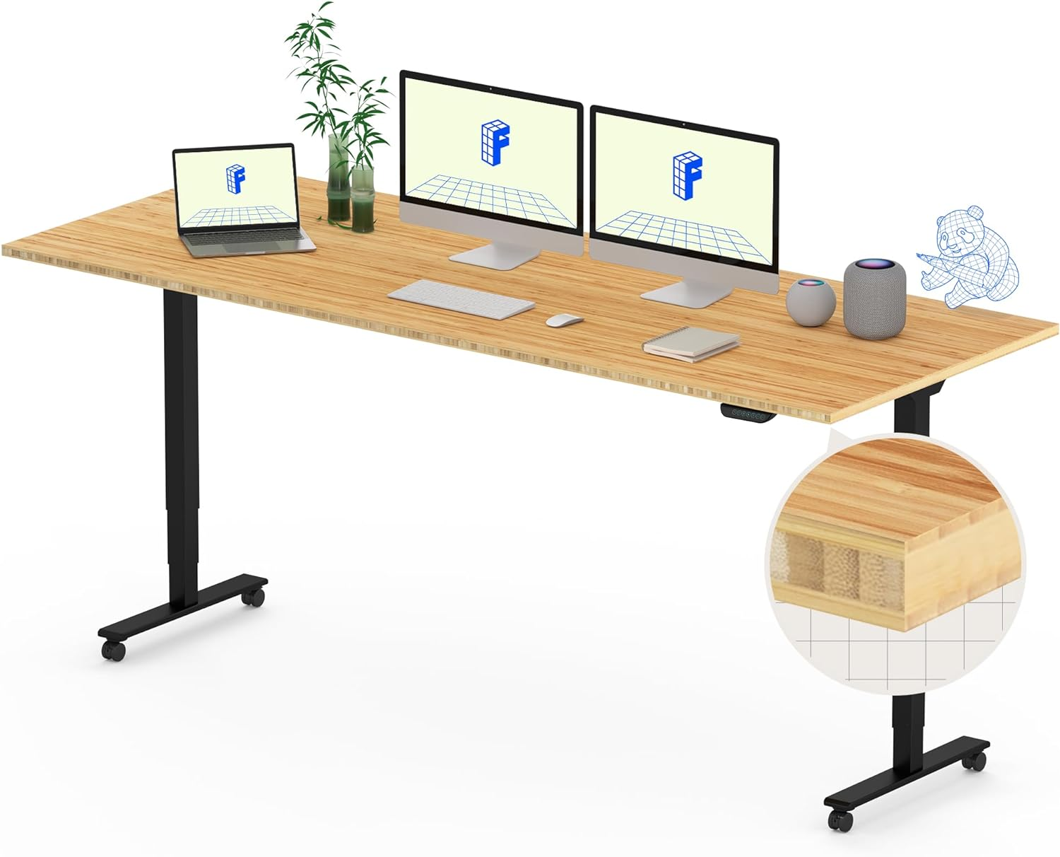 FLEXISPOT E6 Bamboo Dual Motor 3 Stages Standing Desk 200X75 Cm Whole-Piece Board Electric Height Adjustable Desk Stand up Desk Large Load Capacity(Black Frame + Bamboo Desktop) image number 1