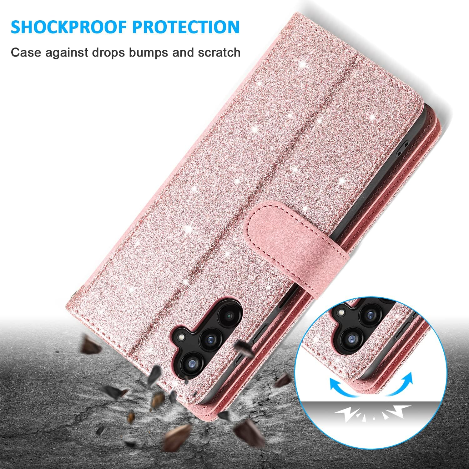 EYZUTAK Wallet Phone Case for Samsung Galaxy A15 4G/5G, Retro Matte 9 Card Holder Slots Zipper Pocket Handbag Case PU Leather Magnetic Closure Kickstand with Wrist Strap Flip Purse Case - Rose Gold image number 7