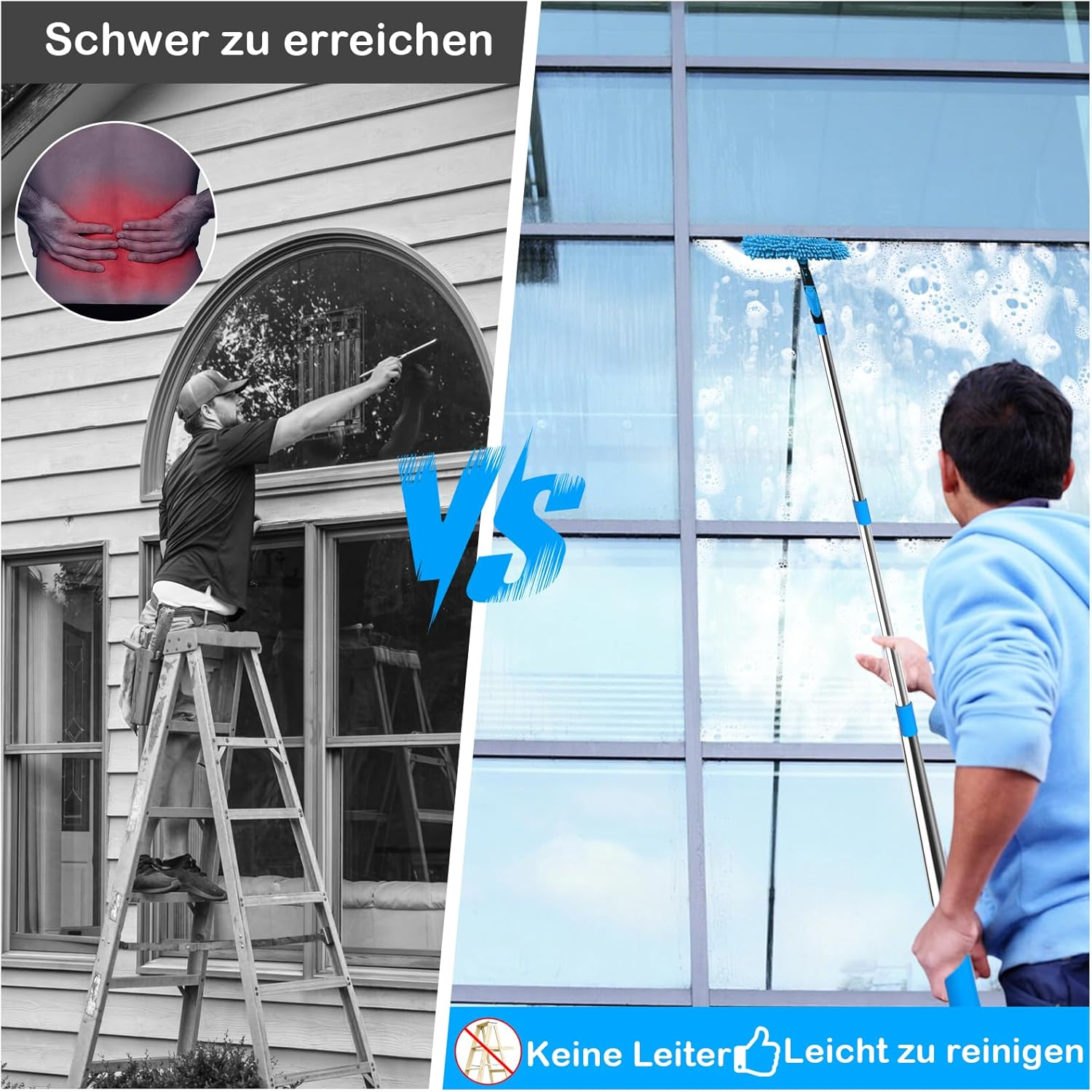 Telescopic Window Wiper Set, 4.2 M Window Cleaner with 10 Extension Rods, Chenille/Coral Velvet Replacement Fabric, Shower Squeegee, 2-In-1 Window Cleaning Set for High Windows, Walls, Car Glass image number 5