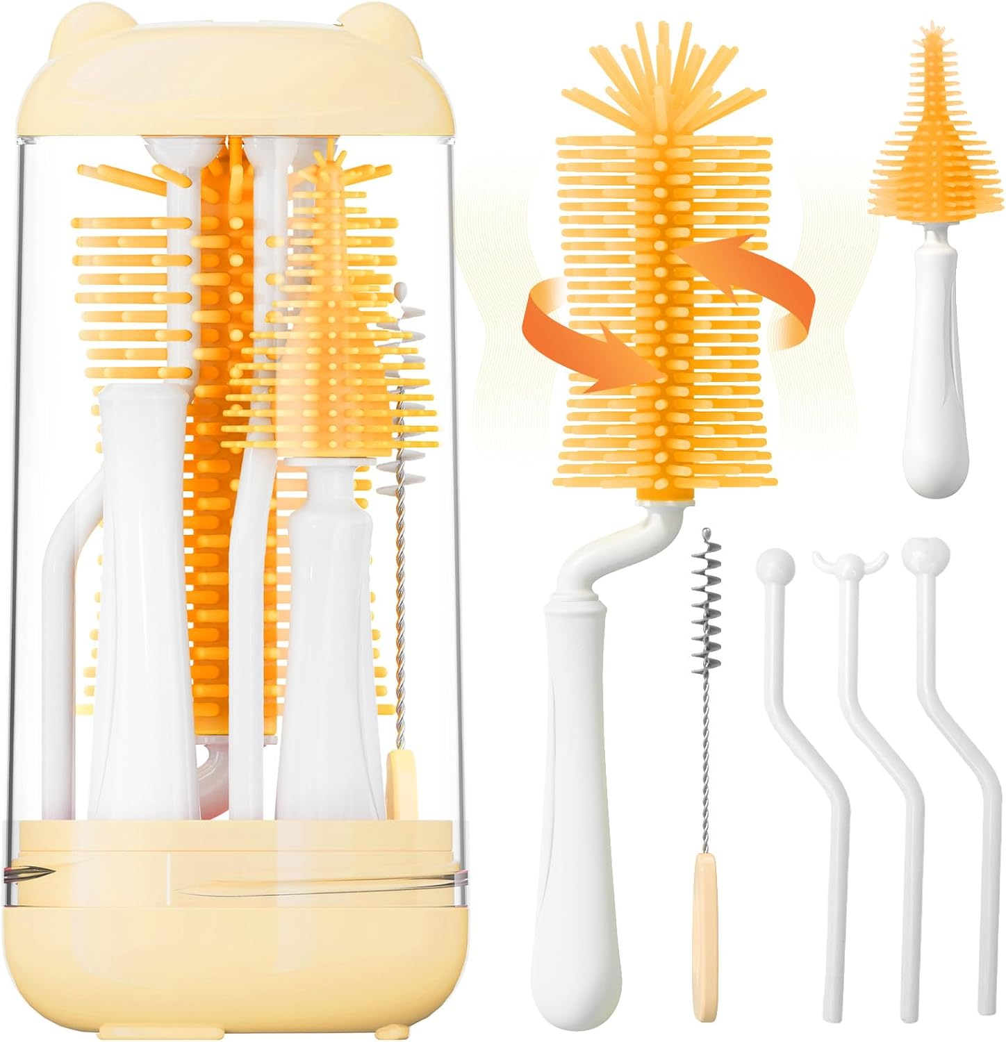 Baby Bottle Brush Set,Travel Bottle Cleaner Kit with UV Light,Silicone Bottle Brush,Nipple Brush,Straw Cleaner,Drying Rack,Baby Bottle Brushes for Cleaning,Baby Essentials for Home and Travel,Orange