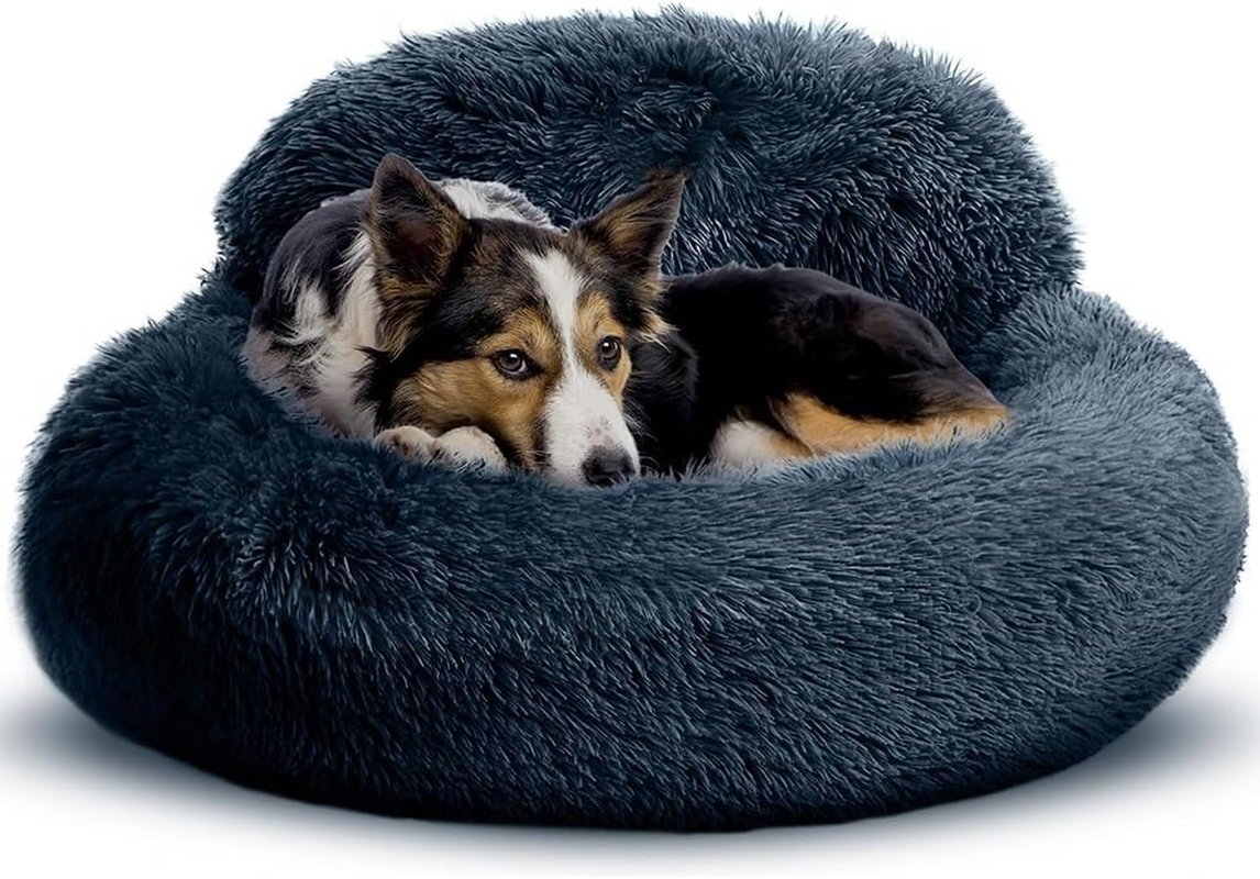 MOTRAIN Calming Dog Bed & Cat Bed, Donut Dog Bed for Small, Medium Dogs, Anti-Slip & Washable round Dog Bed, Fluffy Faux Fur Plush Dog Cat Cushion Bed, 23.6Inch, Deep Grey image number 5