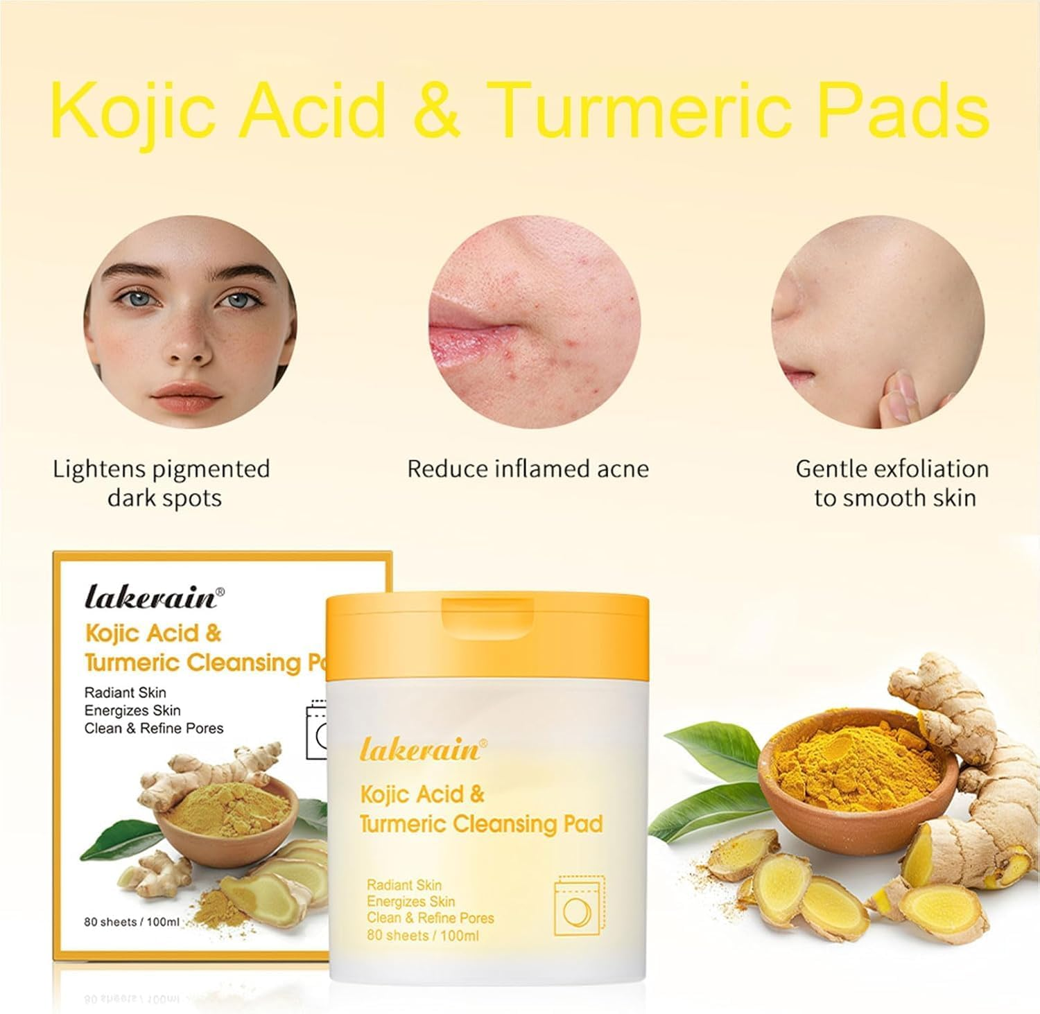 80Pcs Kojic Acid Turmeric Cleansing Face Pads,Turmeric Cleansing and Exfoliating for Face&Body image number 3