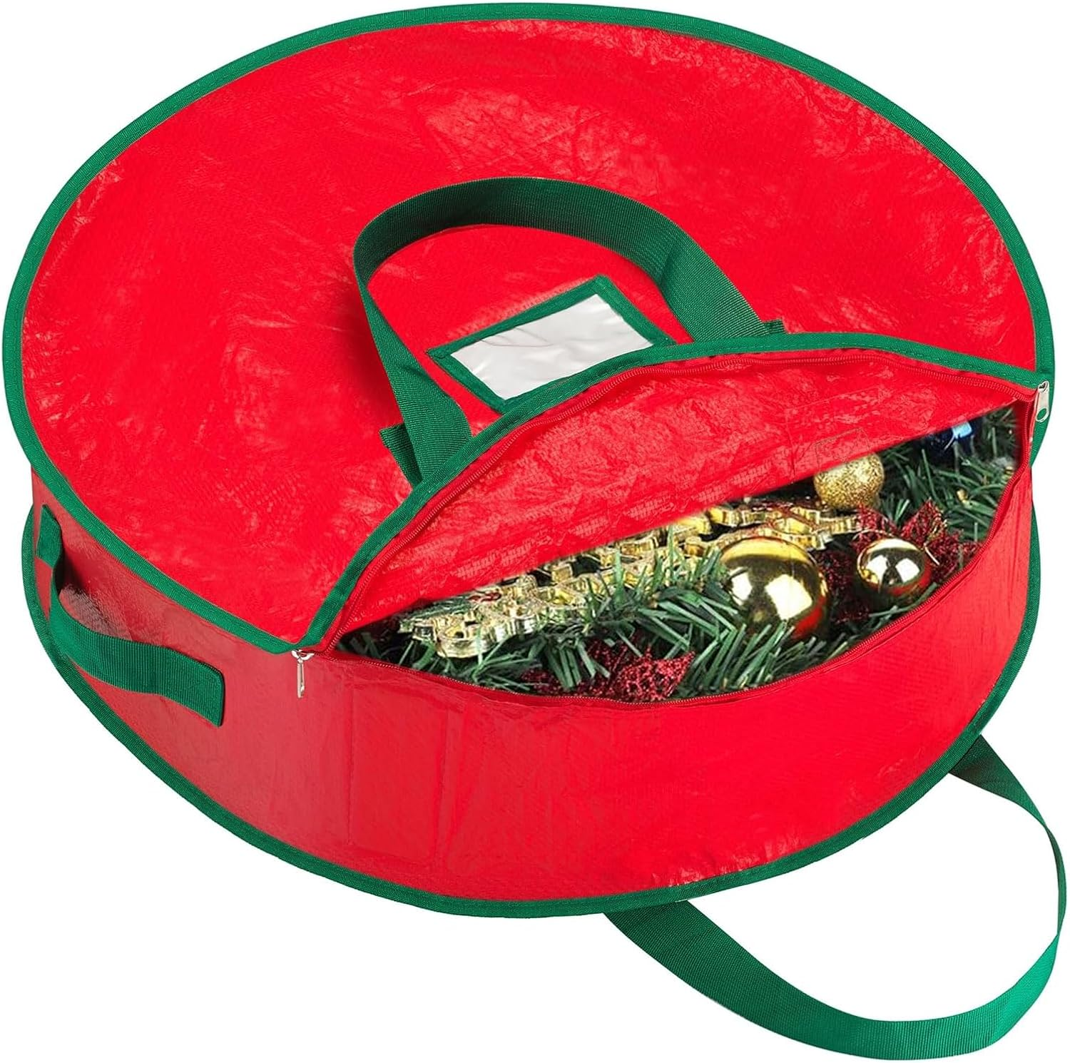 24 Inch Christmas Wreath Storage Bag Garland Wreaths Container &ndash; Waterproof Red Holder with Handles & Label Slot &ndash; Decorative Wreath Storage Container for Seasonal Decoration Storage, 61 X 61 X 18Cm