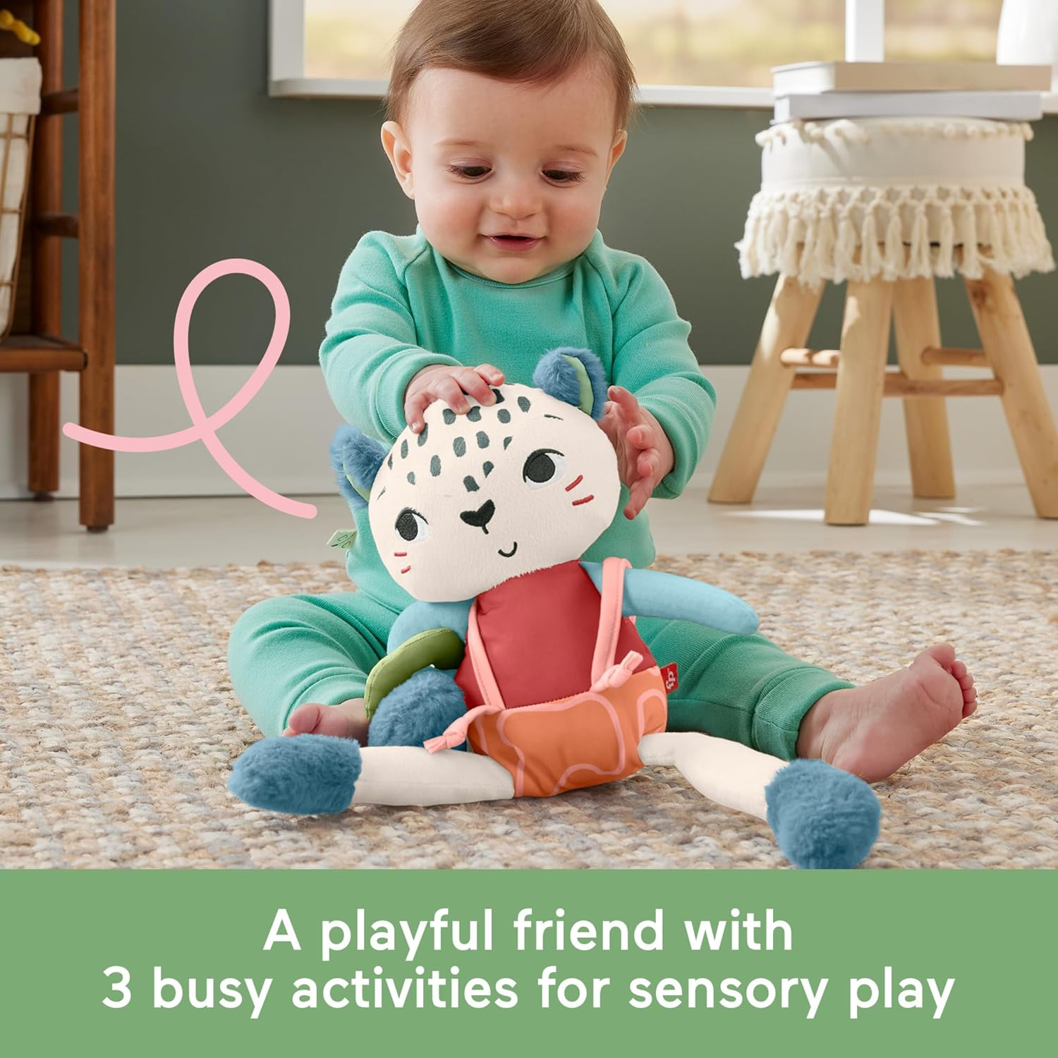 Fisher-Price Baby Toy Planet Friends Spotting Fun Snow Leopard Plush with Sensory Activities for Newborns Ages 3+ Months image number 5