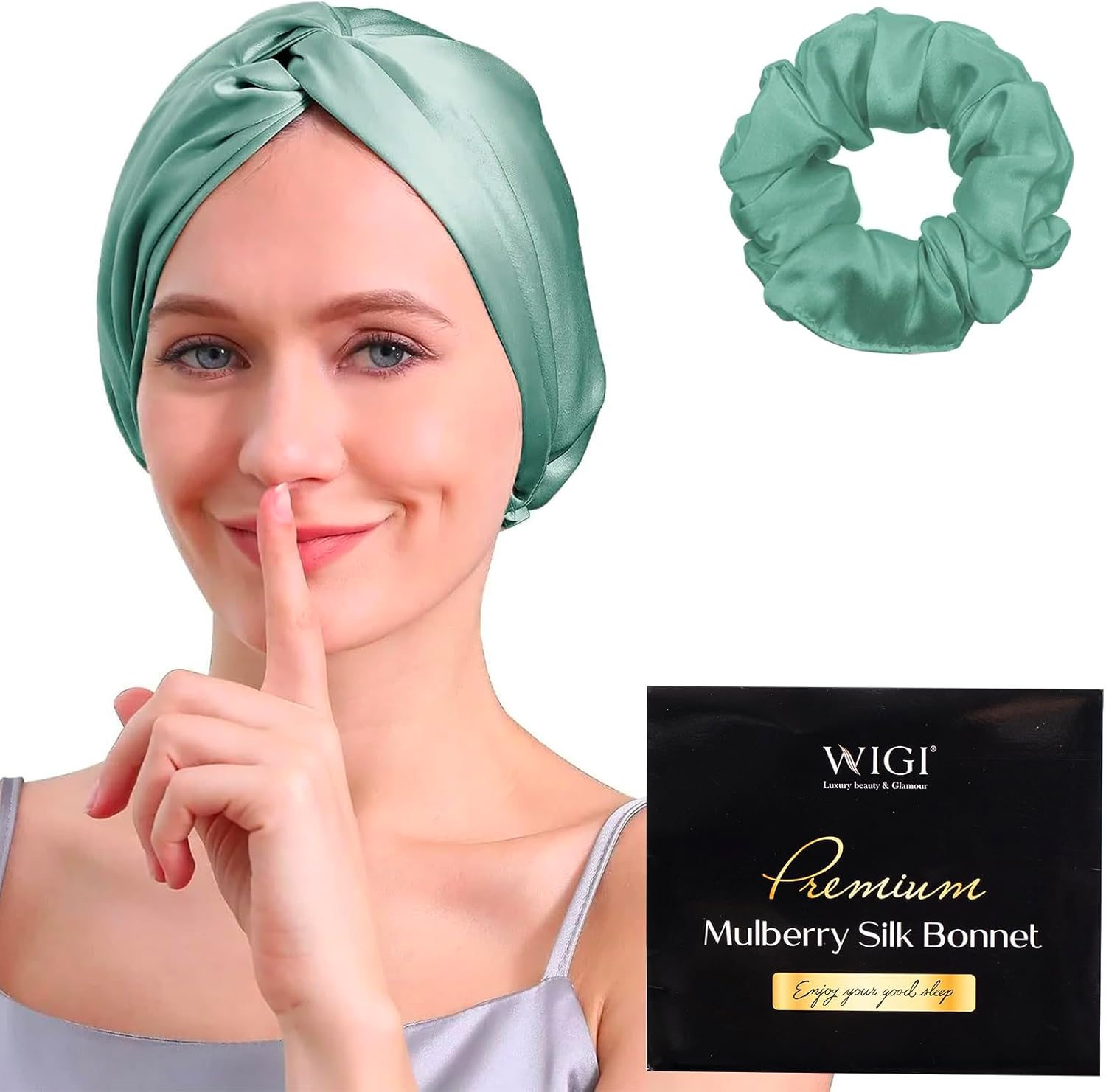 WIGI 100% Mulberry Silk Bonnet with Scrunchie Gift for Women, Silk Bonnet for Sleeping, Shower Cap Hair Bonnet, Silk Hair Wrap for Hair Care (100% Mulberry Silk (Round Design), Green)