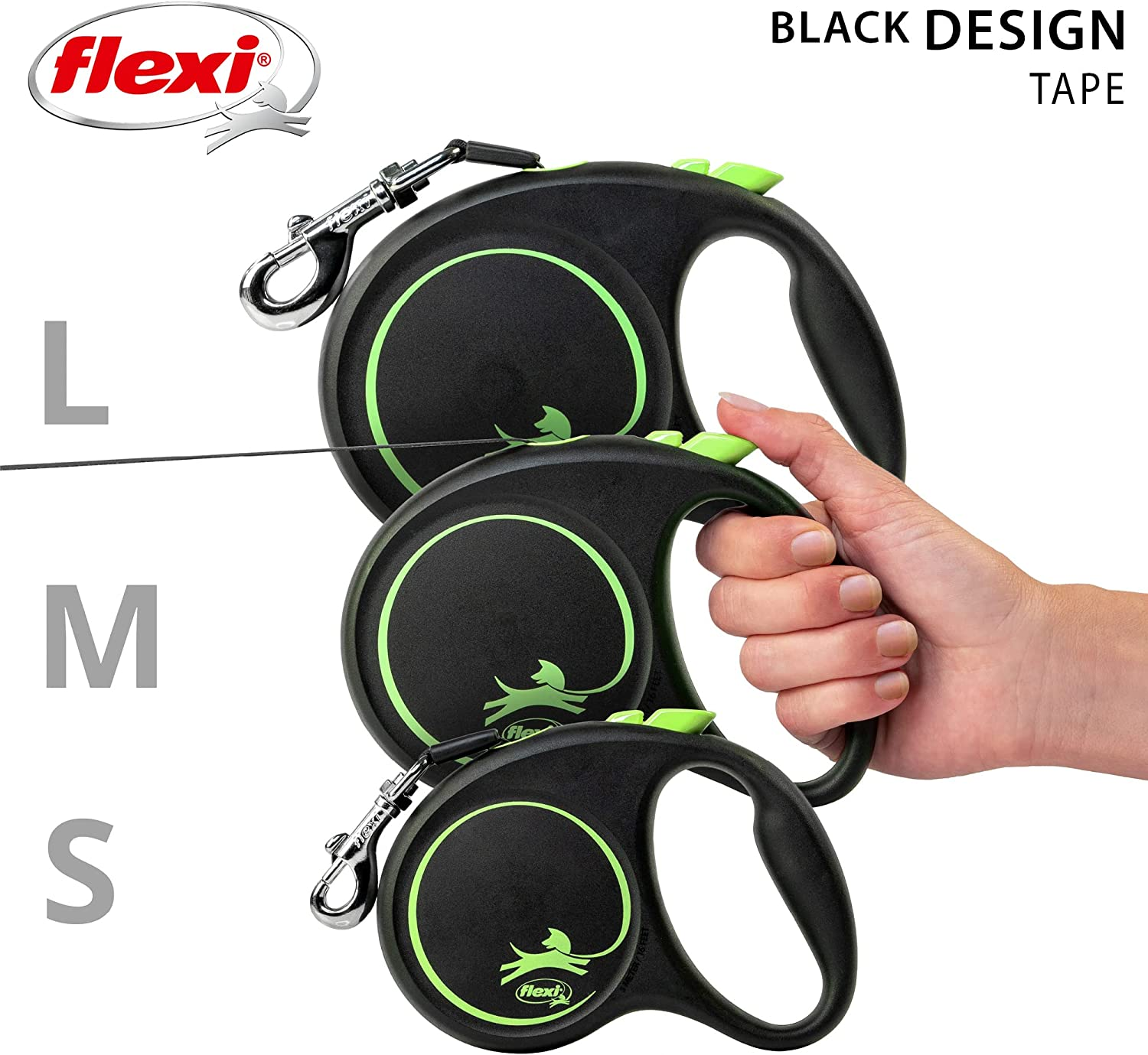 Flexi Black Design Retractable Lead Tape Medium Black/Green 5M image number 1