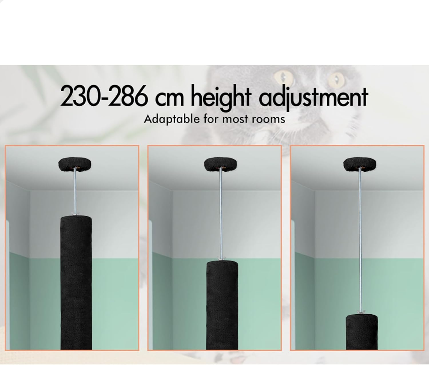 BEASTIE Cat Tree 230-286Cm Floor to Ceiling 4 Tier Adjustable Cat Tower, Multi-Level Scratcher Tower, Condo Play House Wood Furniture for Kittens Climbing, Black image number 2