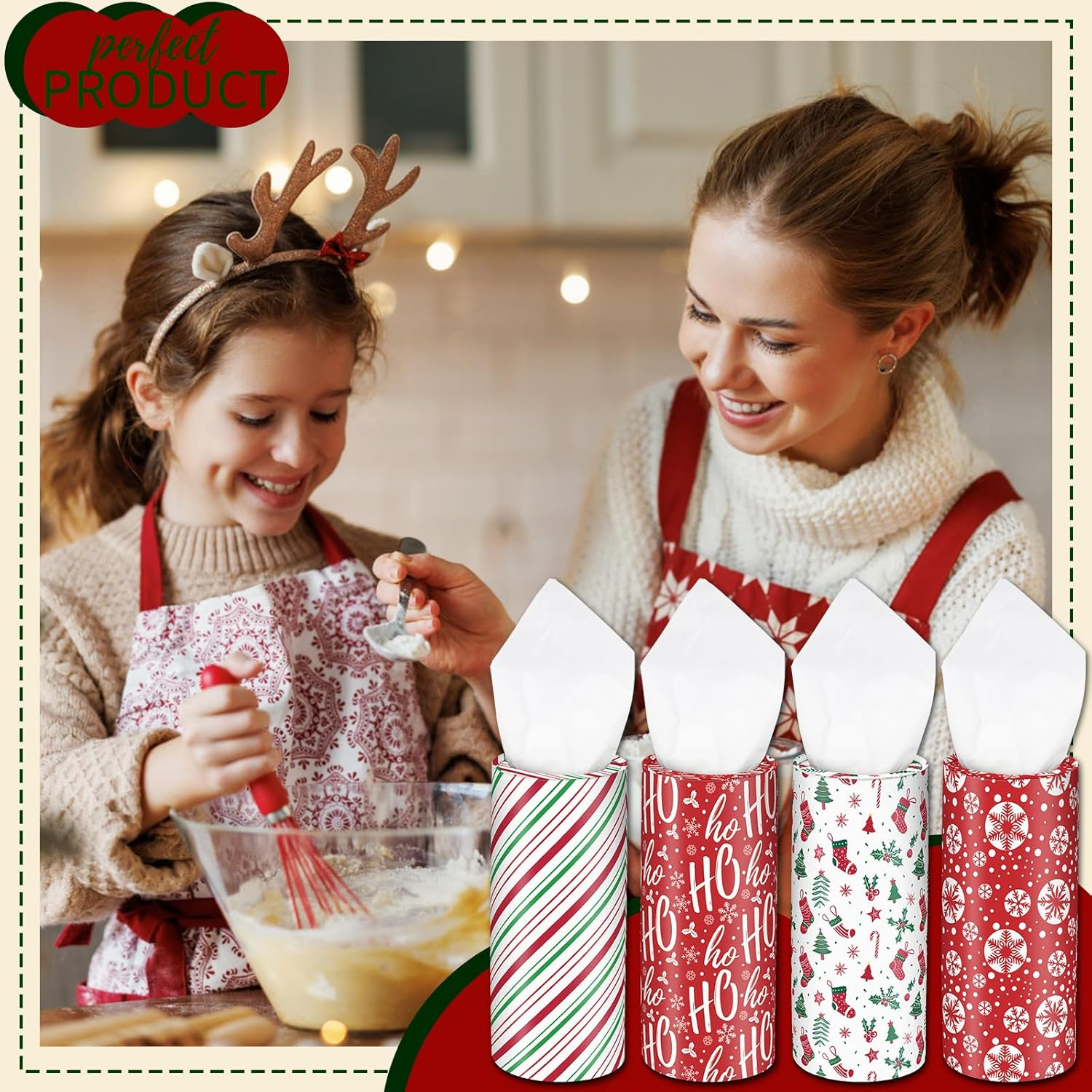 Christmas round Car Tissue Holder - Festive Bulk Facial Tissues, Holiday Decor for Cup Holders - Set of 4 Decorative Cylinders (Snowflakes, Ho Ho Ho, Candy Cane Stripes, Holiday Icons) image number 2