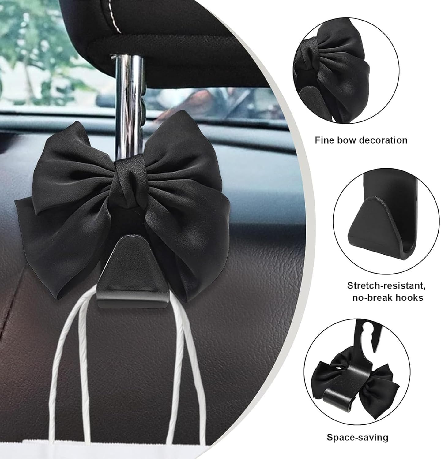 Car Seat Bow Hooks with Bowknot Design, 2Pcs Bowknot Bag Hanger for Vehicle Seats,Bow-Knot Vehicle Seat Bag Hanger,Cute Bow-Knot Purse and Bag Holder Hangers for Car Seat, Black image number 3