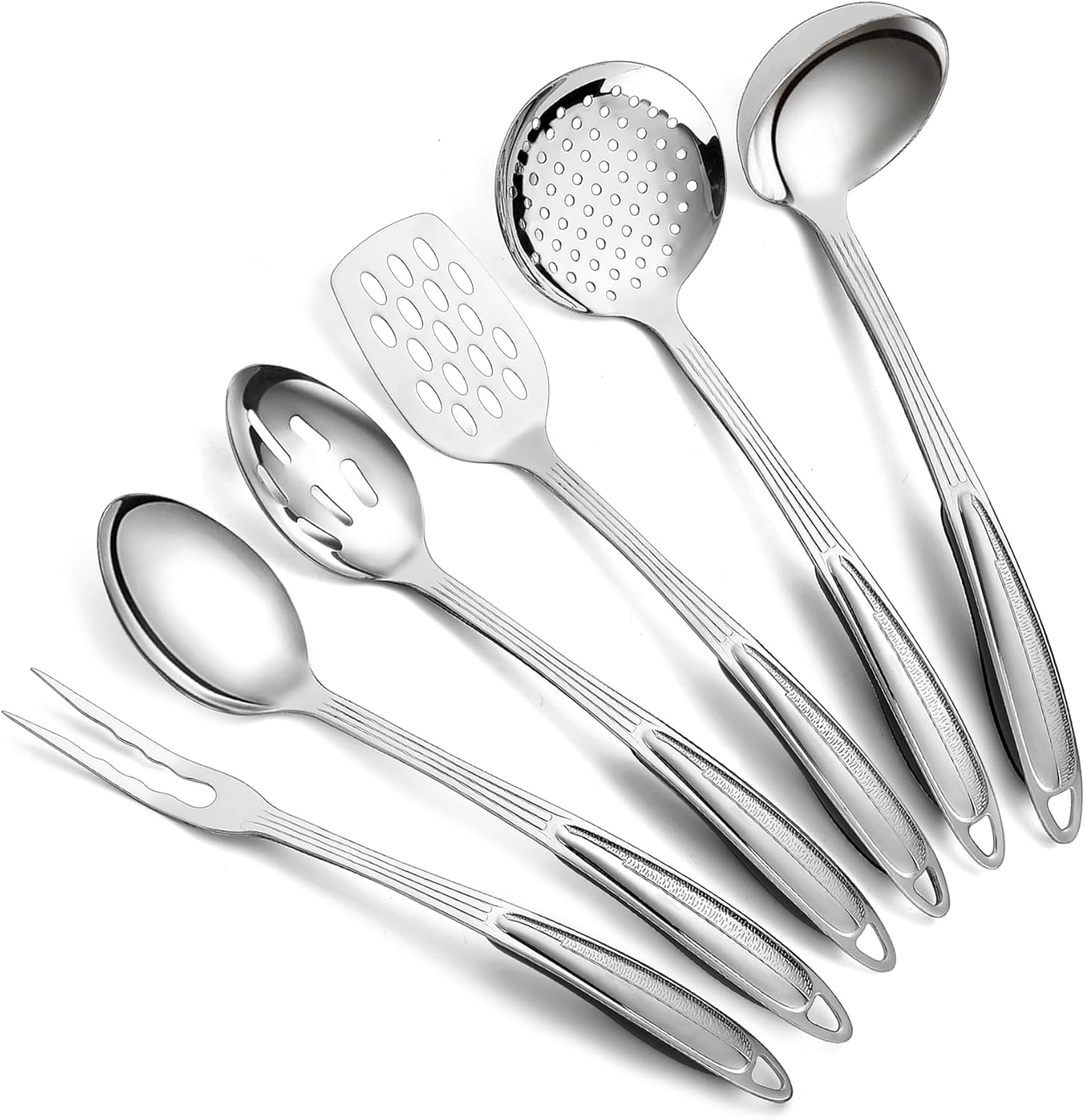 Berglander Stainless Steel Kitchen Utensils Set 6 Pcs, Cooking Utensil Sets, Kitchen Gadgets Essentials Include Metal Spatula Set, Skimmer, Ladle, Serving Spoon, Slotted Spoon, Carving Fork image number 1