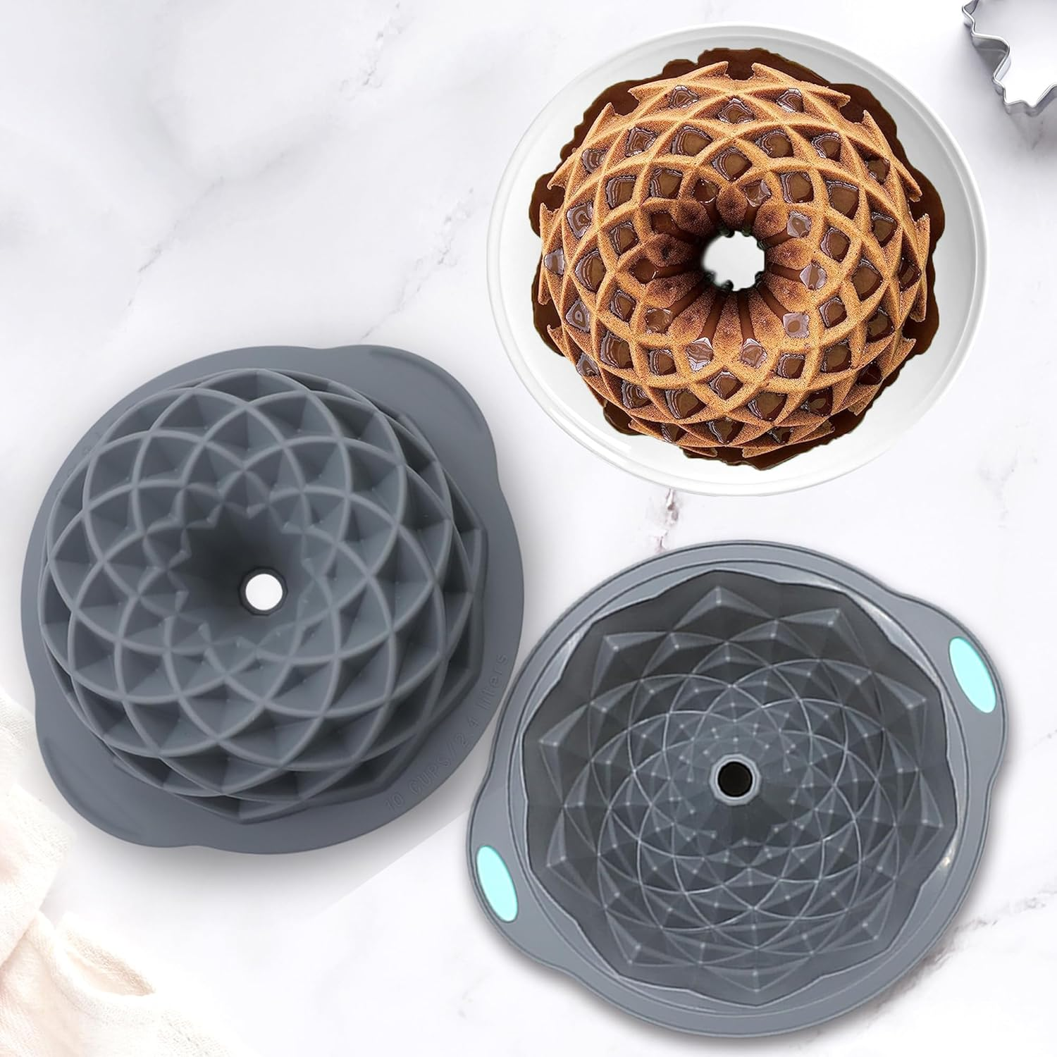 Tongjude 4 Pieces Silicone Fluted Cake Pans, 10/12 Cups Tube Baking Pan, Silicone Molds for Homemade Cake, Bread and Jello, Non-Stick, Grey image number 6