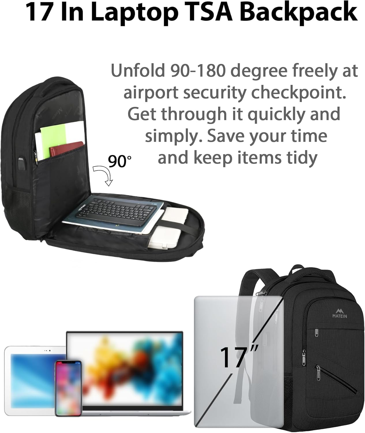 MATEIN Travel Laptop Backpack, 17 Inch Business Flight Approved Carry on Backpack, TSA Large Computer Backpack for Men Women with USB Port,Black image number 5