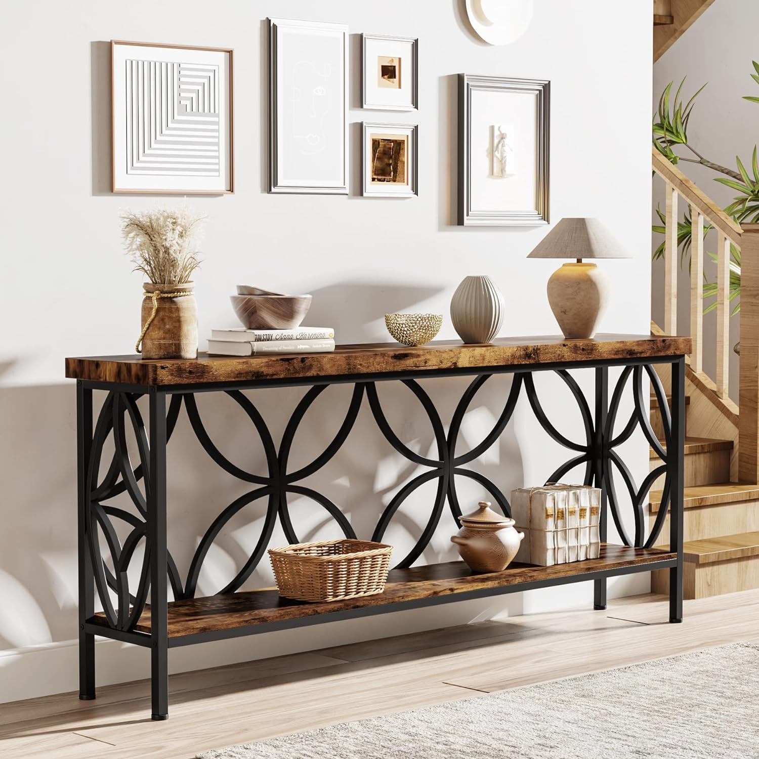 Tribesigns Hallway Console Table, 180 Cm Long Sofa Table behind Couch, Entry Console Table with Storage for Entryway, Living Room, Foyer, Unique Design, Rustic Brown image number 2