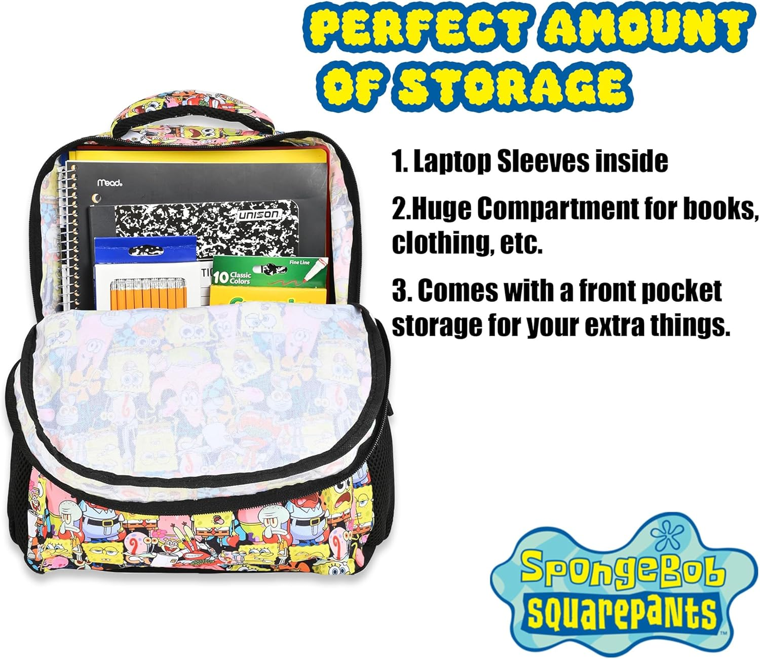 Nickelodeon Spongebob Backpack for Kids - Officially Licensed Spongebob Squarepants, Mr. Krabs, Squidward, Plankton Bookbag for Boys and Girls Kids and Adults - Laptop and Lunchbox Compartment, Black image number 3