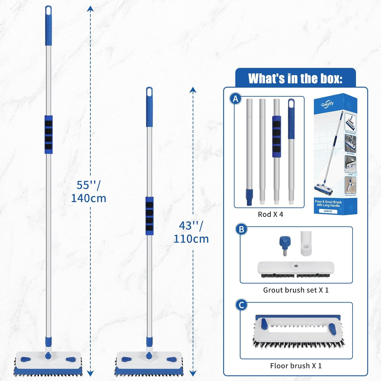 Qaestfy 3 in 1 Floor Scrub Brush with Squeegee, 55'' Extendable Long Handle Floor Scrubber Cleaner for Tile, Garage, Concrete, Rug, Shower Bathroom - Blue image number 5
