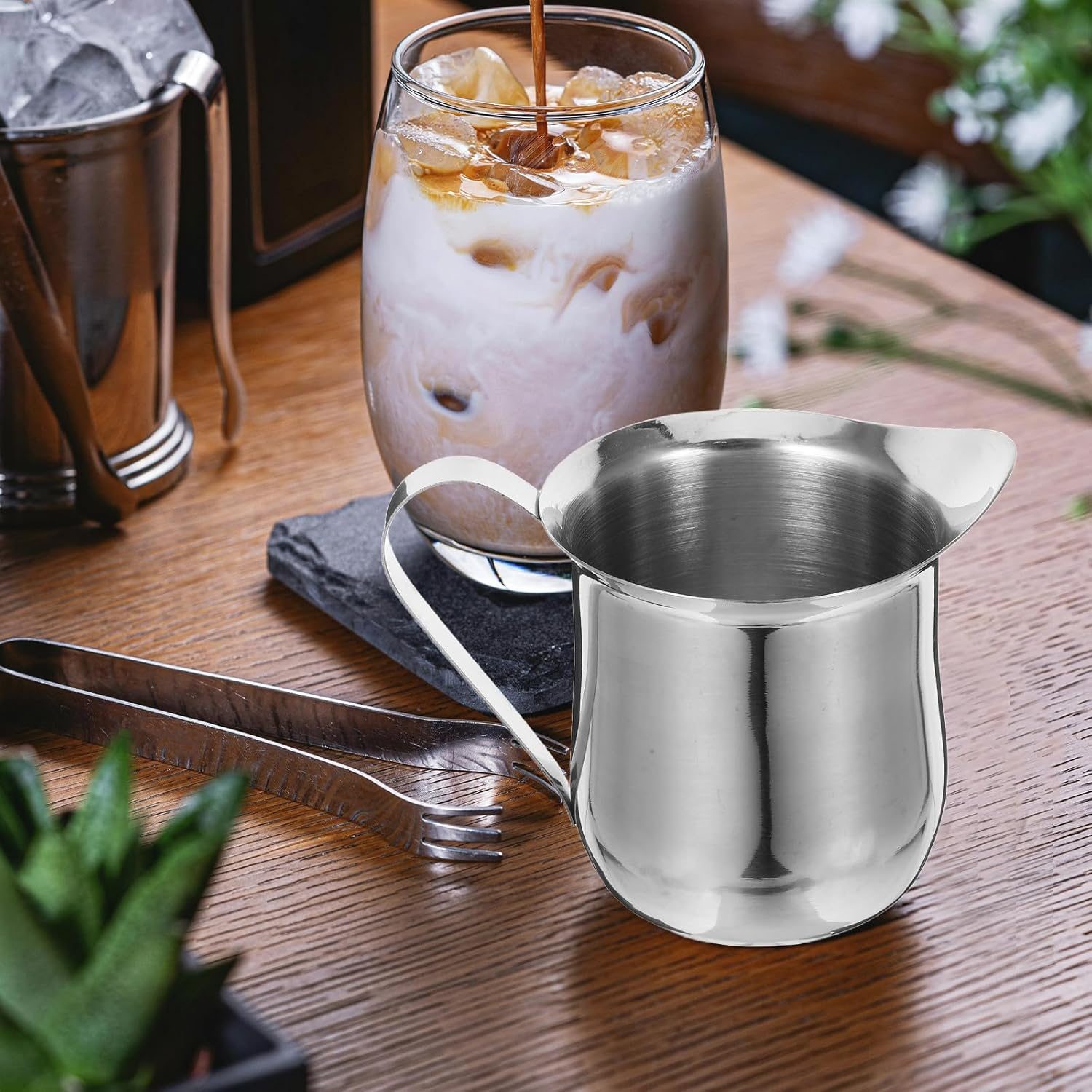 AUTSUPPL 3Pcs Stainless Steel Milk Frothing Jug Set for Espresso Latte Cappuccino Heat-Resistant Small Pitchers with Modern Minimalist Design for Home Coffee and Tea Use image number 4